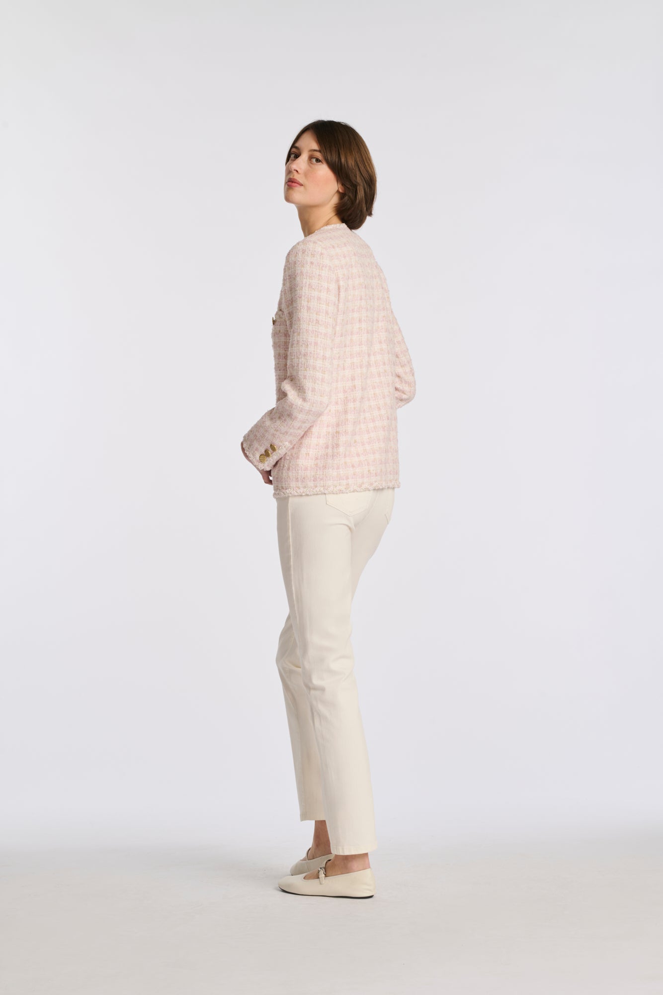 Veste longue en tweed galonnée