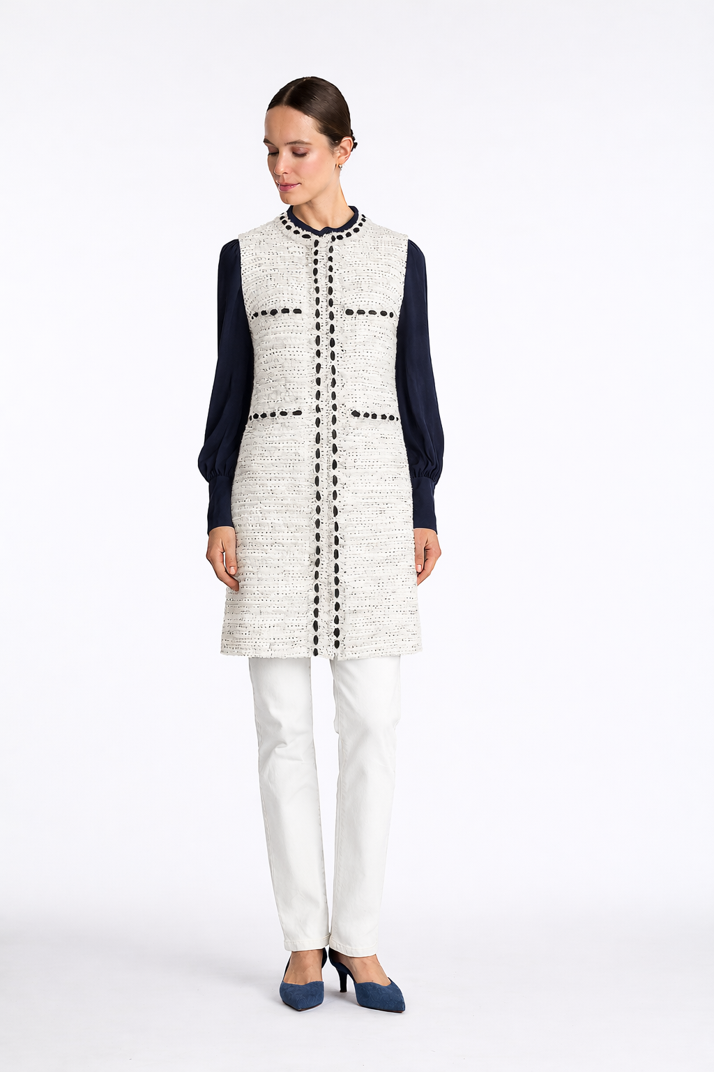 Veste longue en tweed frangé