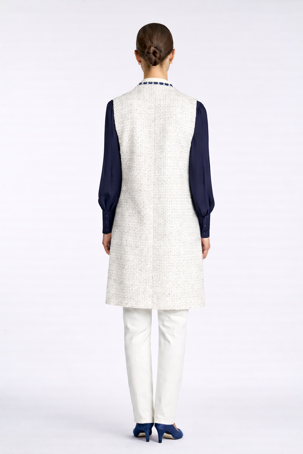 Veste longue en tweed frangé