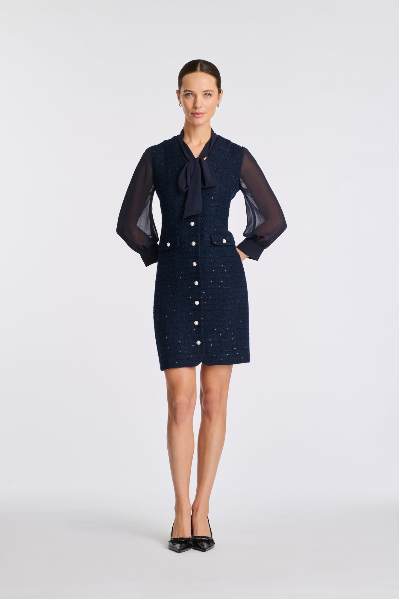 Dual-material pussy bow dress