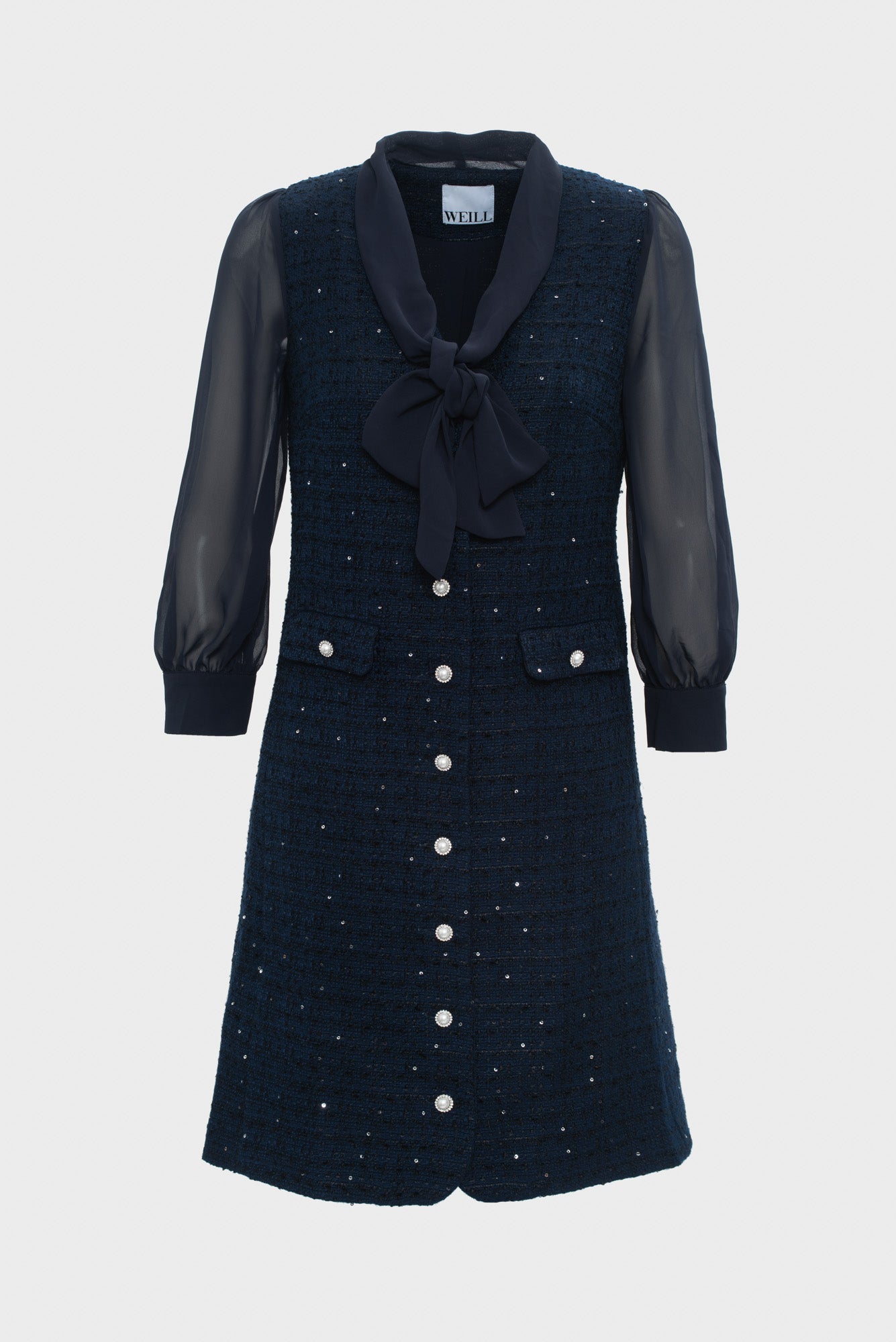 Dual-material pussy bow dress