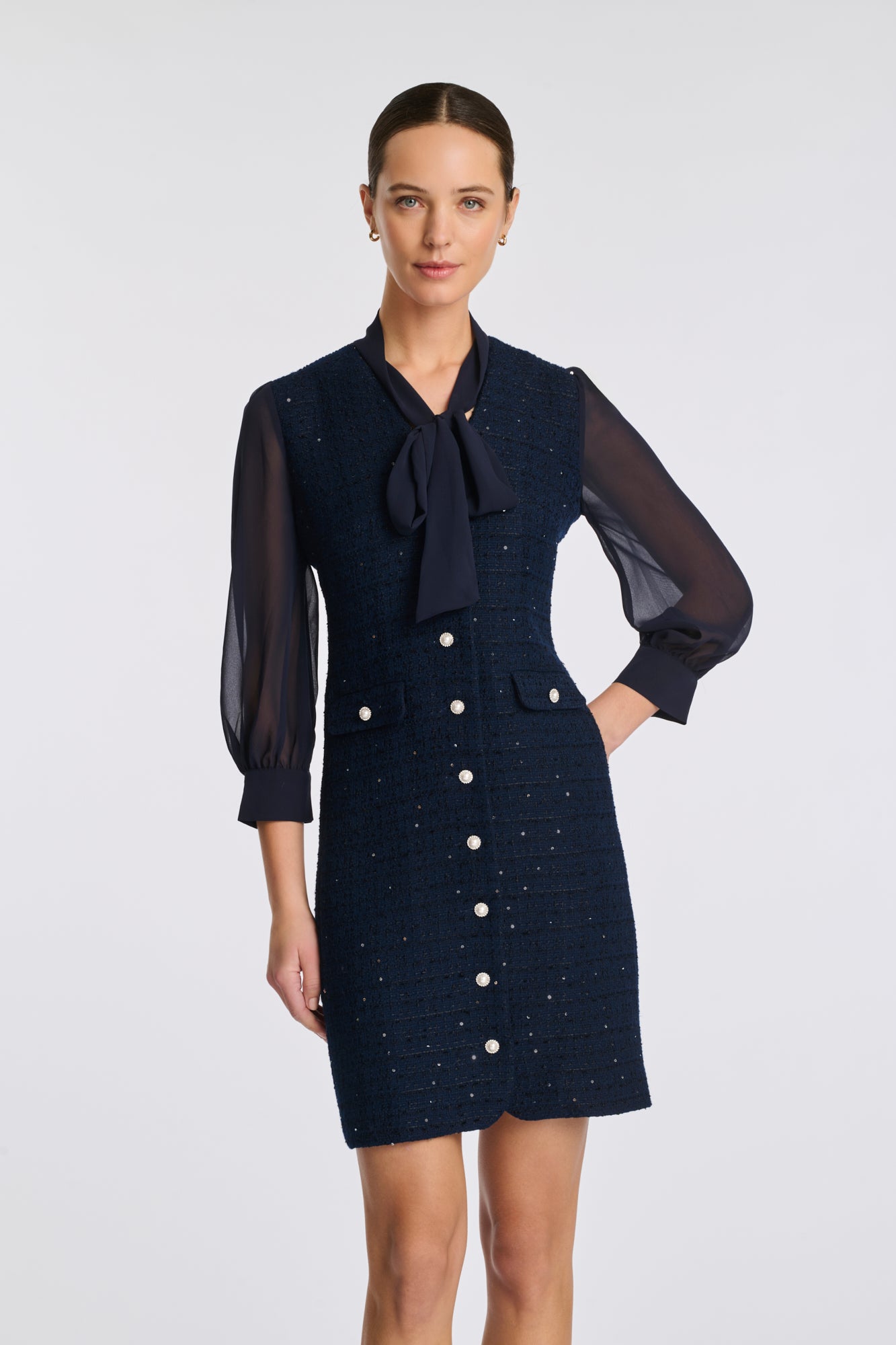 Dual-material pussy bow dress