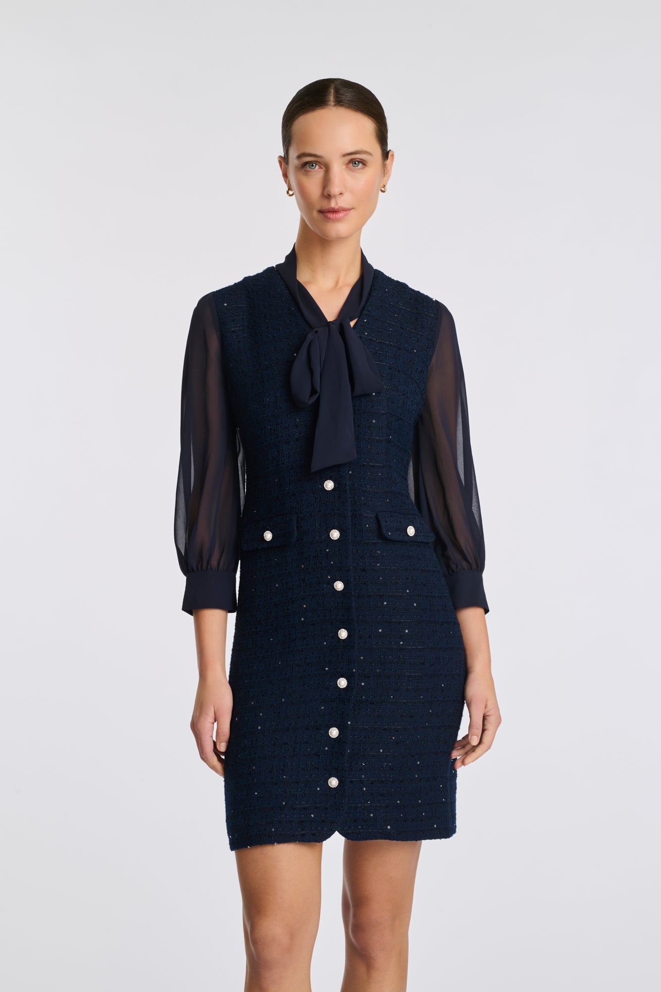 Dual-material pussy bow dress