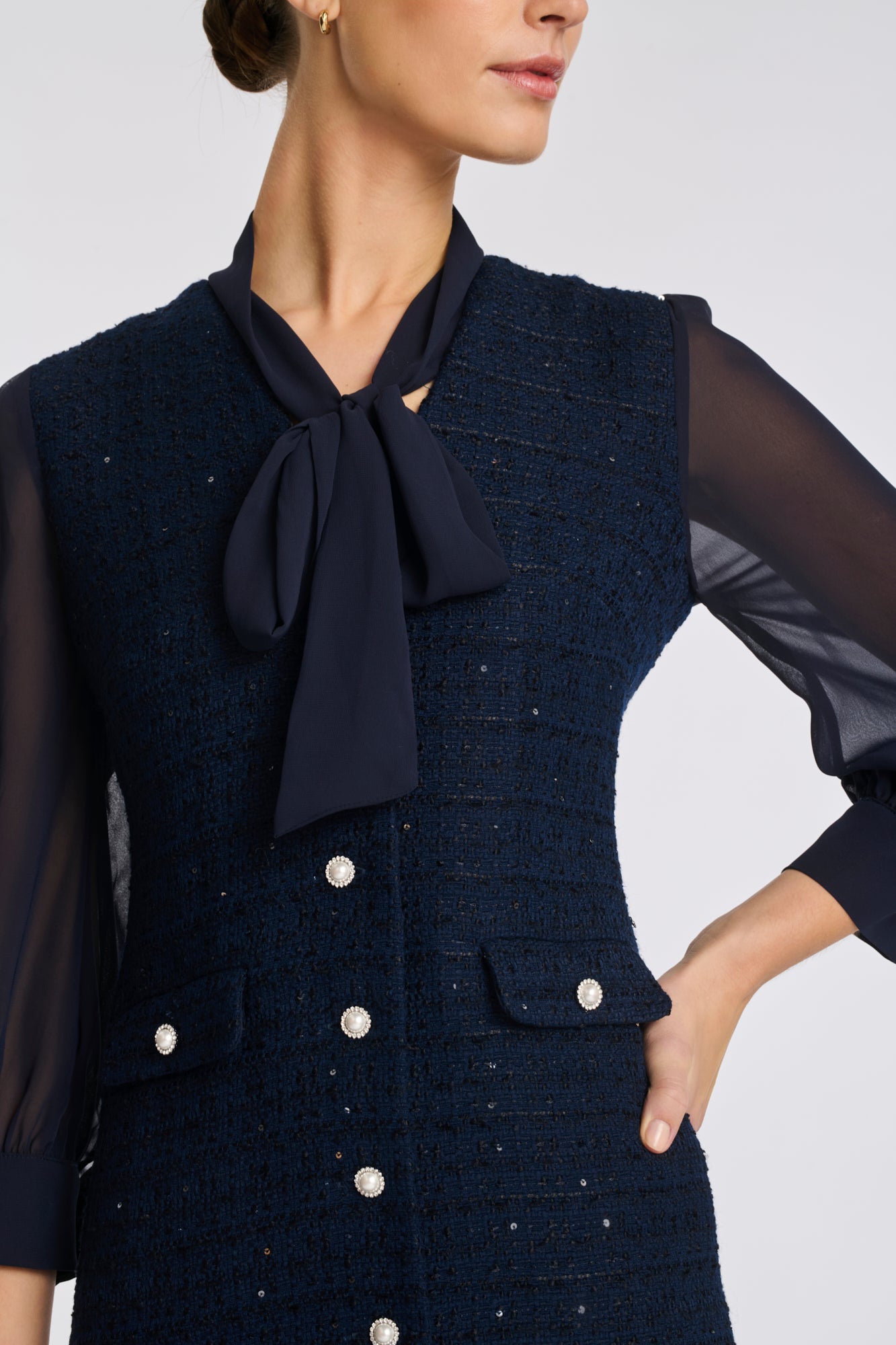 Dual-material pussy bow dress