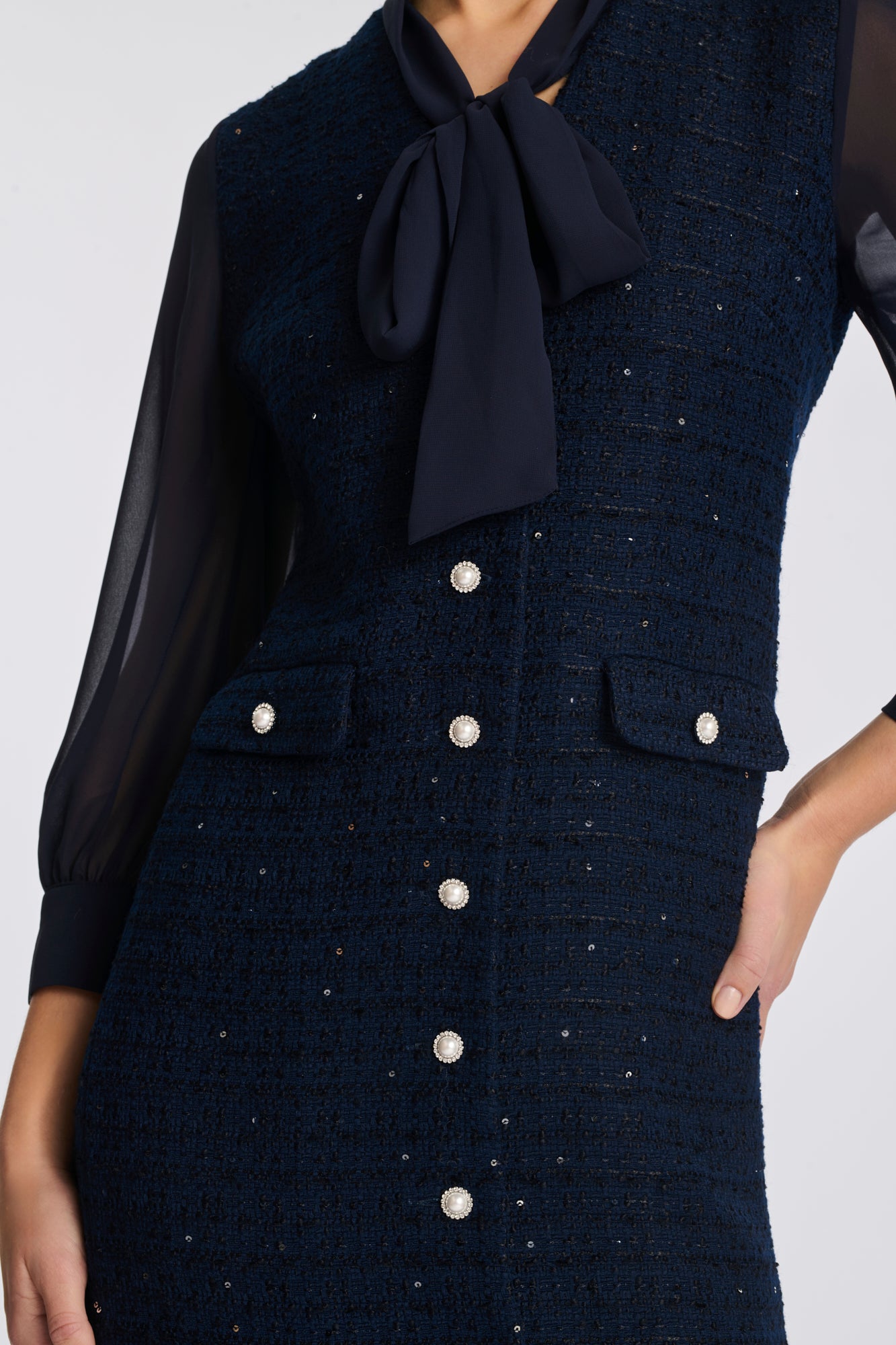 Dual-material pussy bow dress