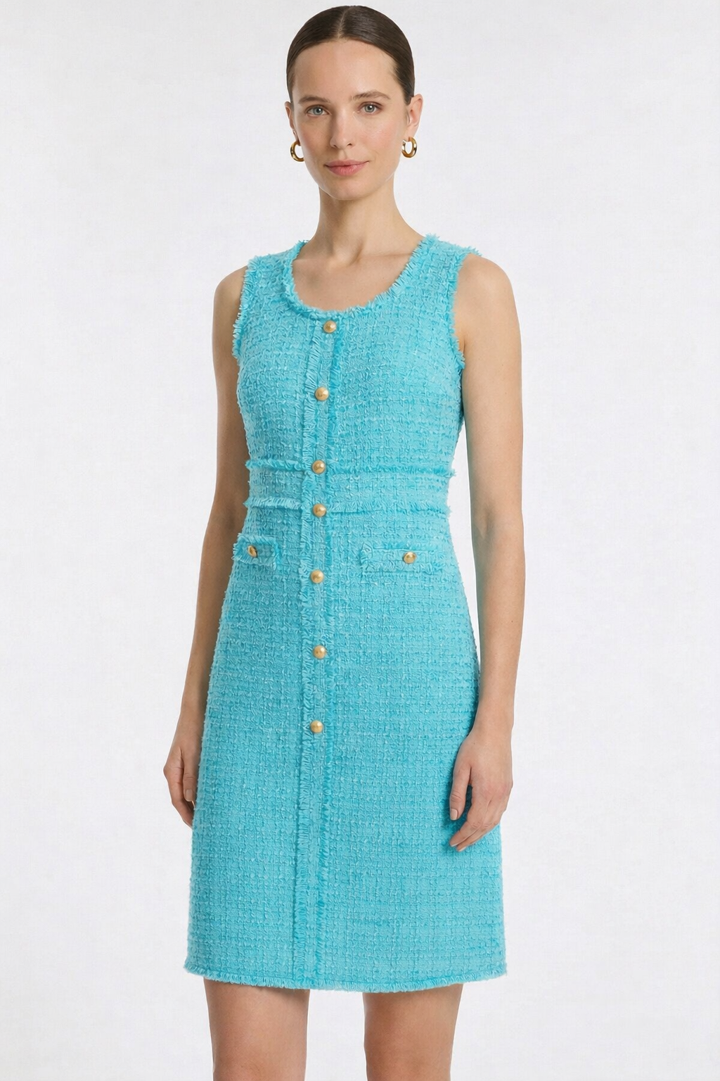 Sleeveless fringed tweed dress