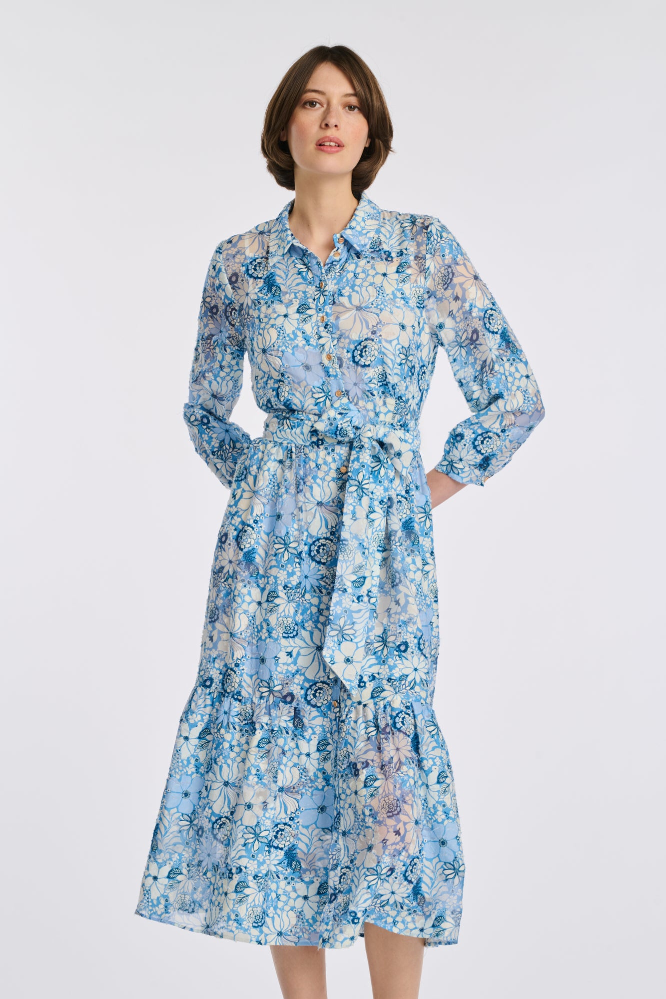 Robe chemise en soie et coton imprimée