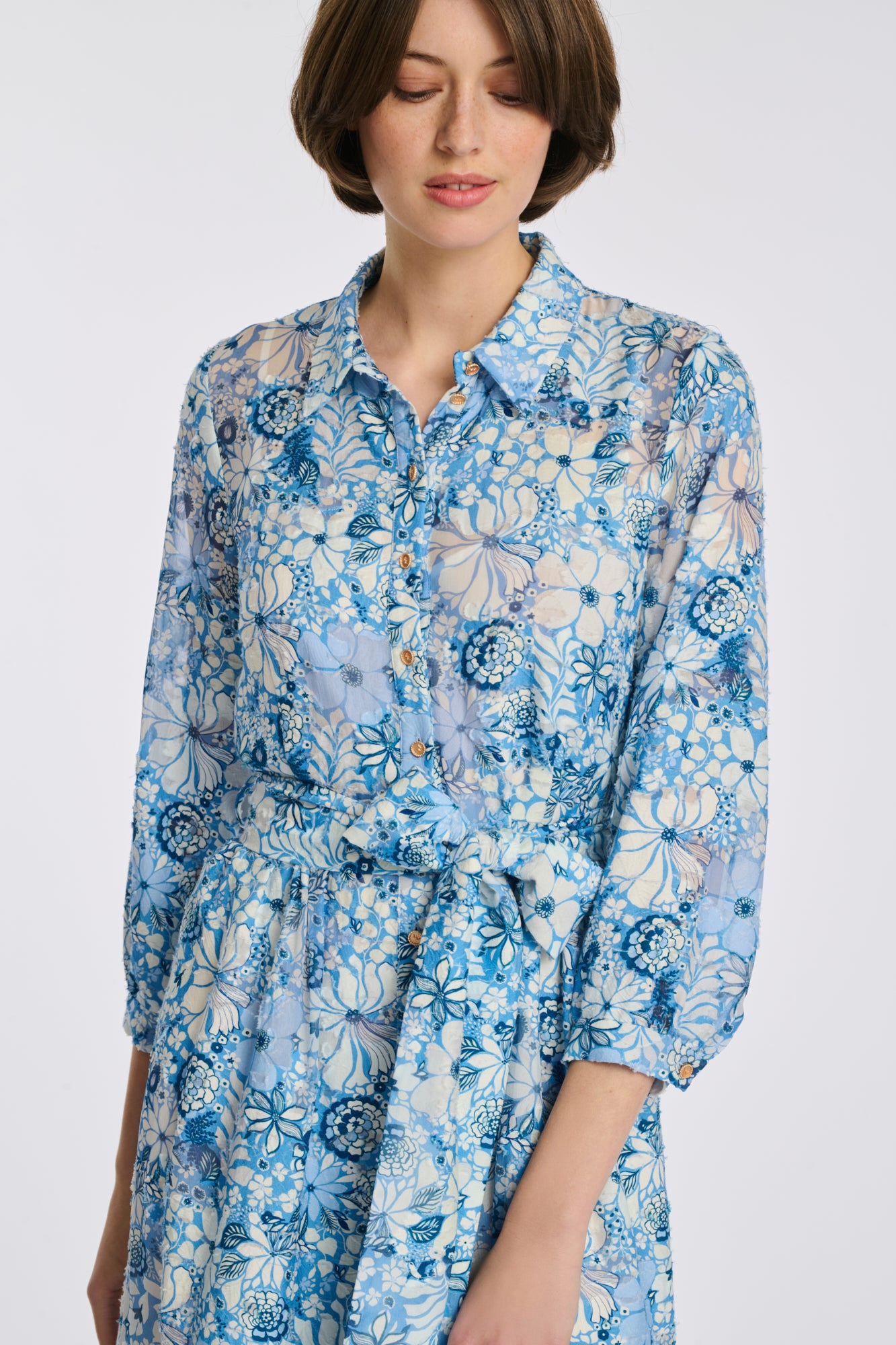 Robe chemise en soie et coton imprimée