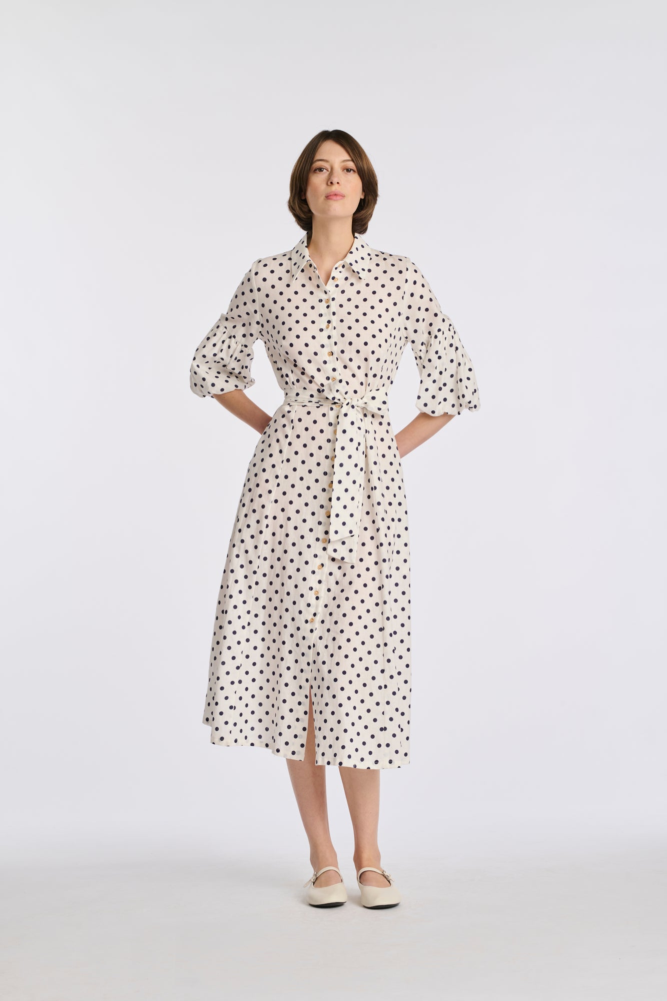 Polka-dot linen shirt dress