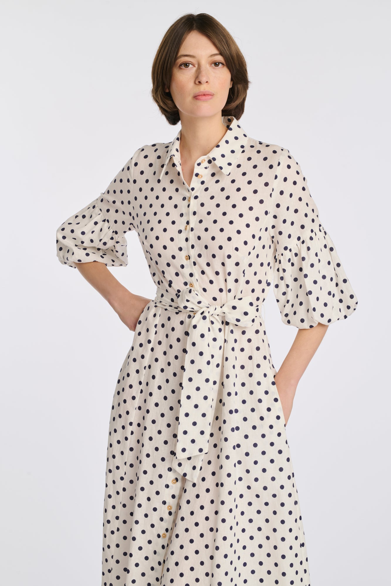 Polka-dot linen shirt dress