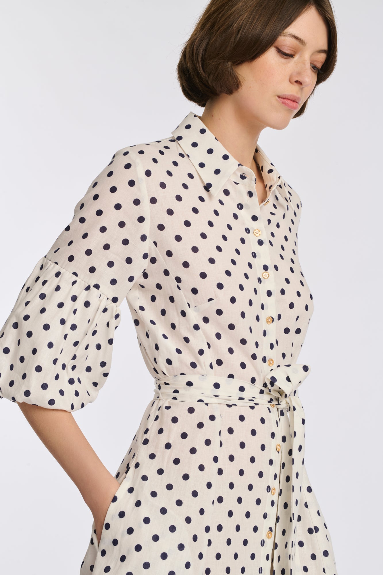 Polka-dot linen shirt dress