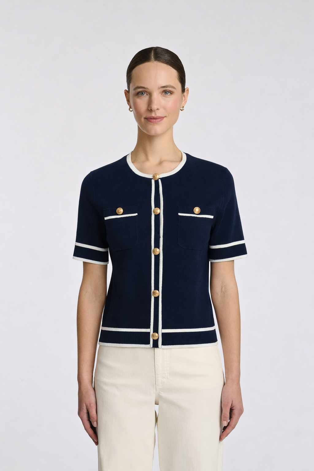 Two-tone short-sleeved cardigan