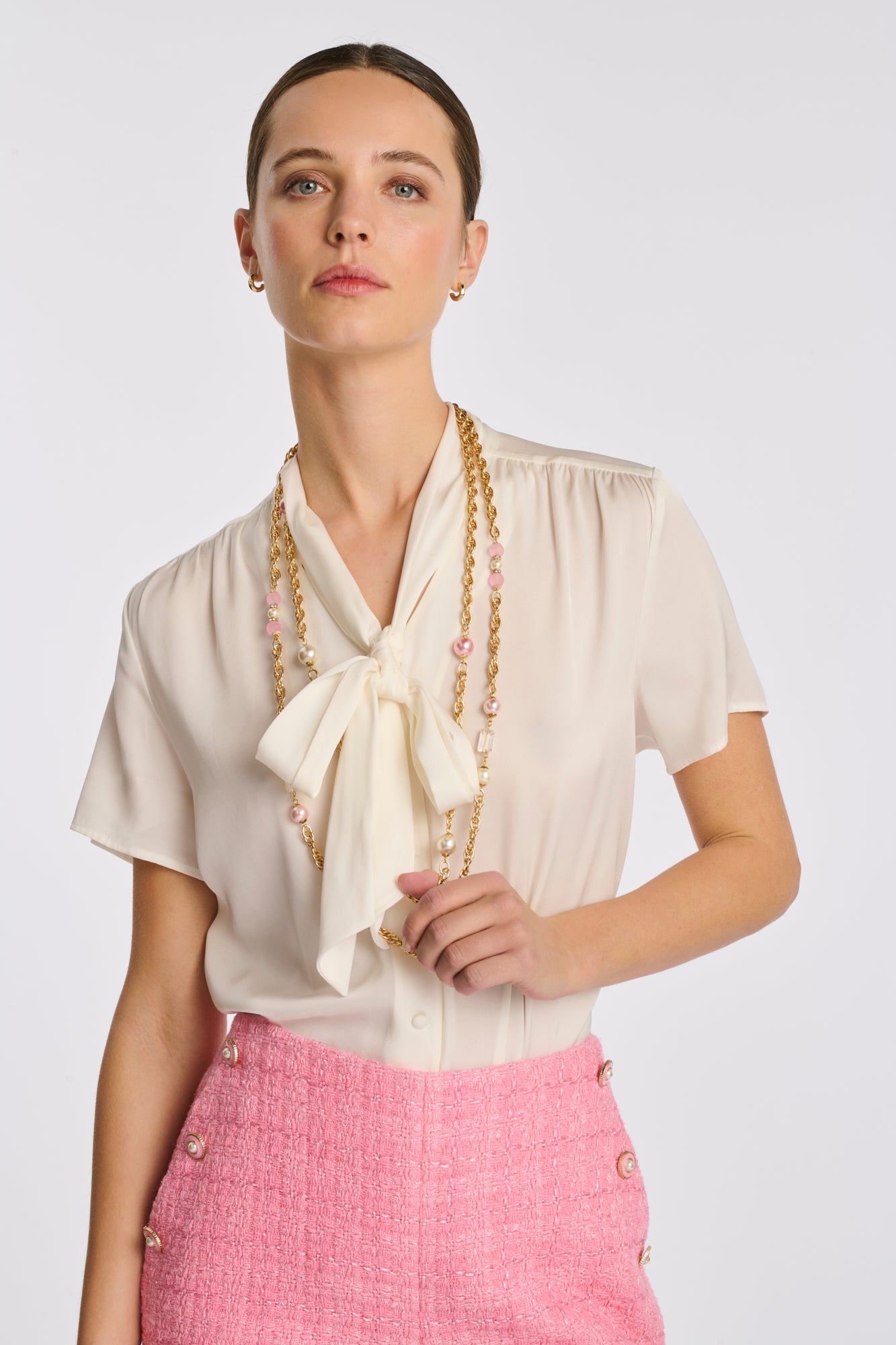 Sautoir double en chaîne et perles