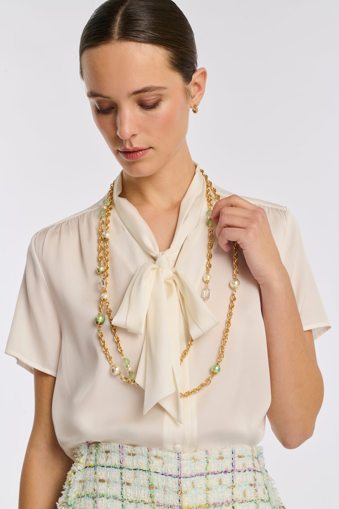 Sautoir double en chaîne et perles