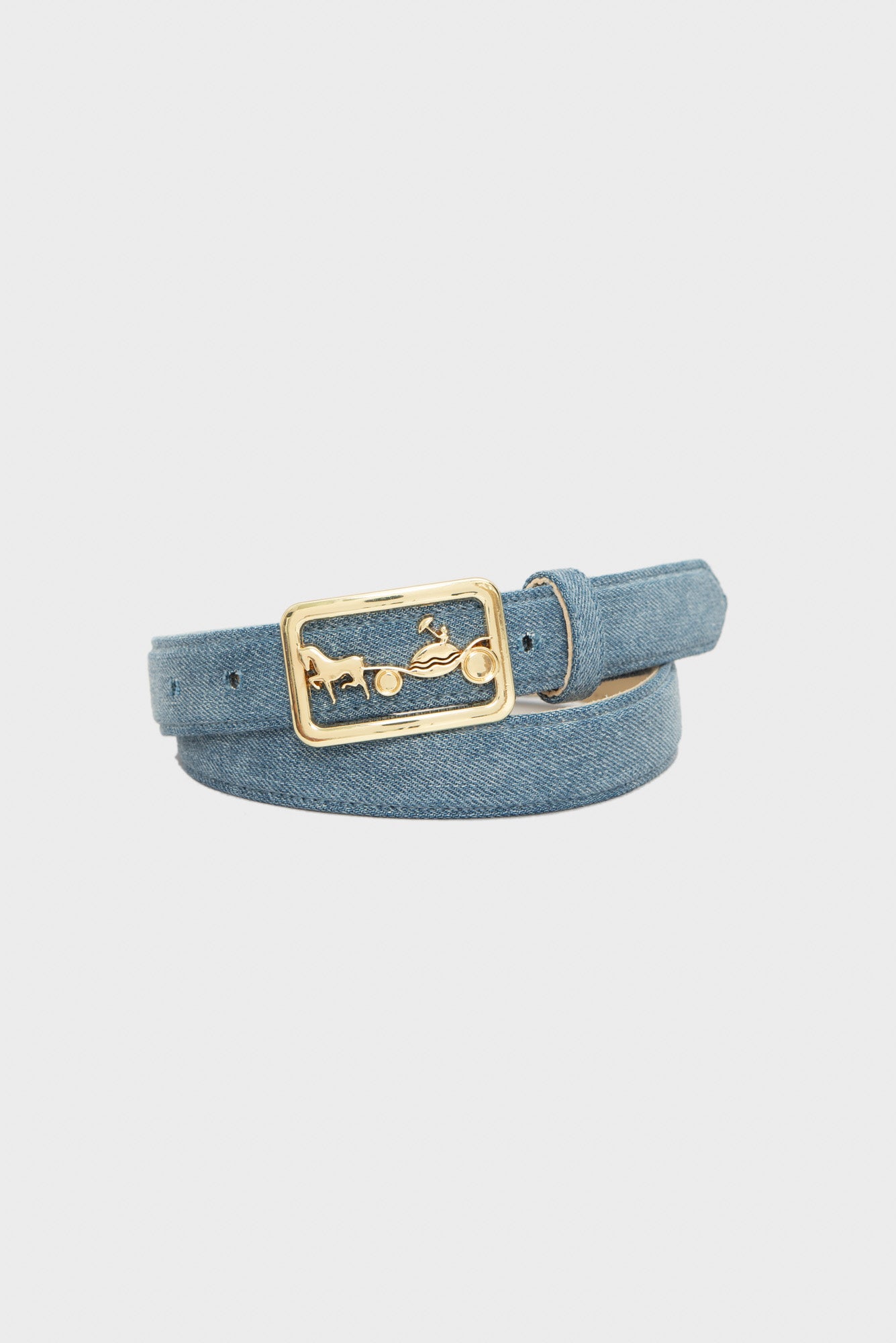 Denim belt with carriage buckle