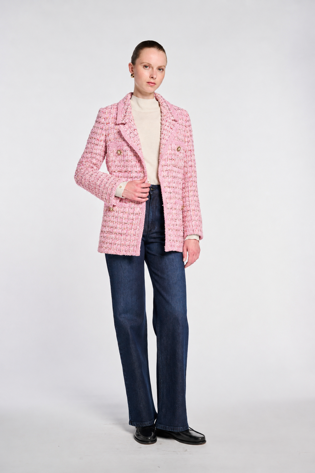 Pastel tweed blazer with braiding