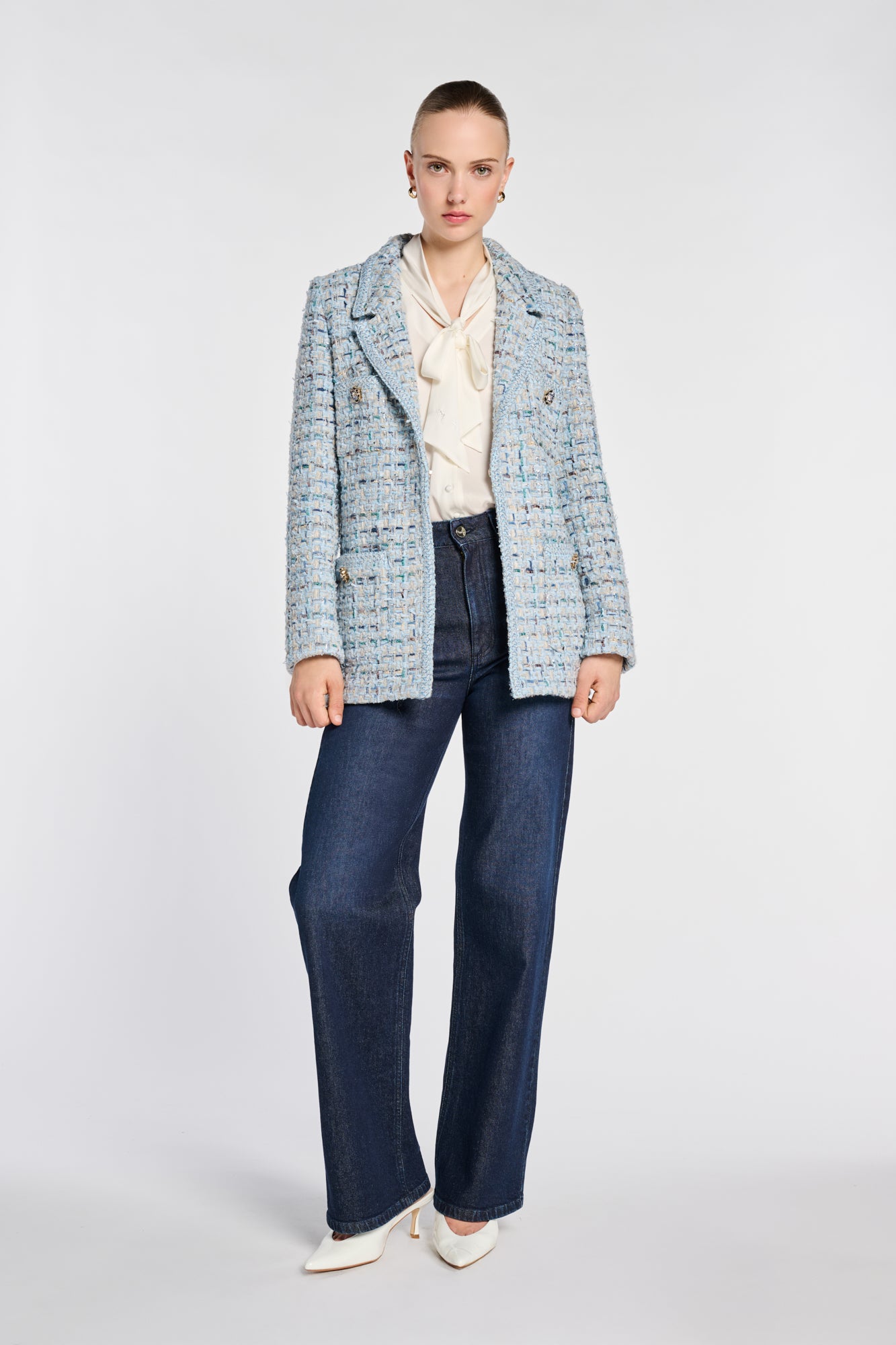 Blazer en tweed pastel galonné