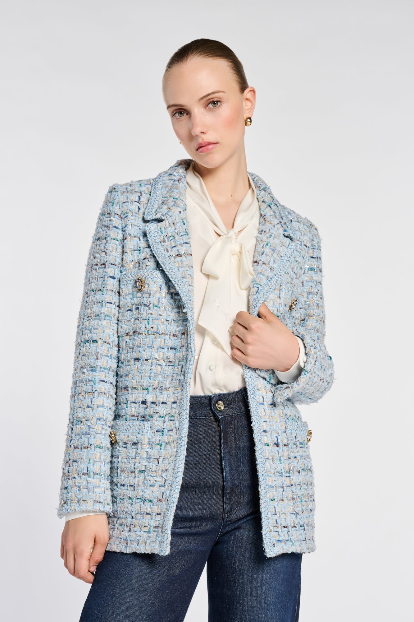 Blazer en tweed pastel galonné