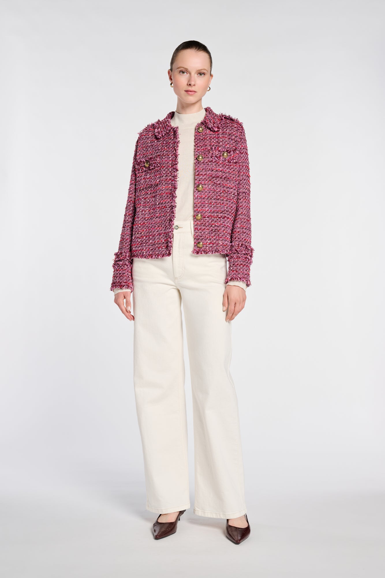 Veste chemise en tweed frangée