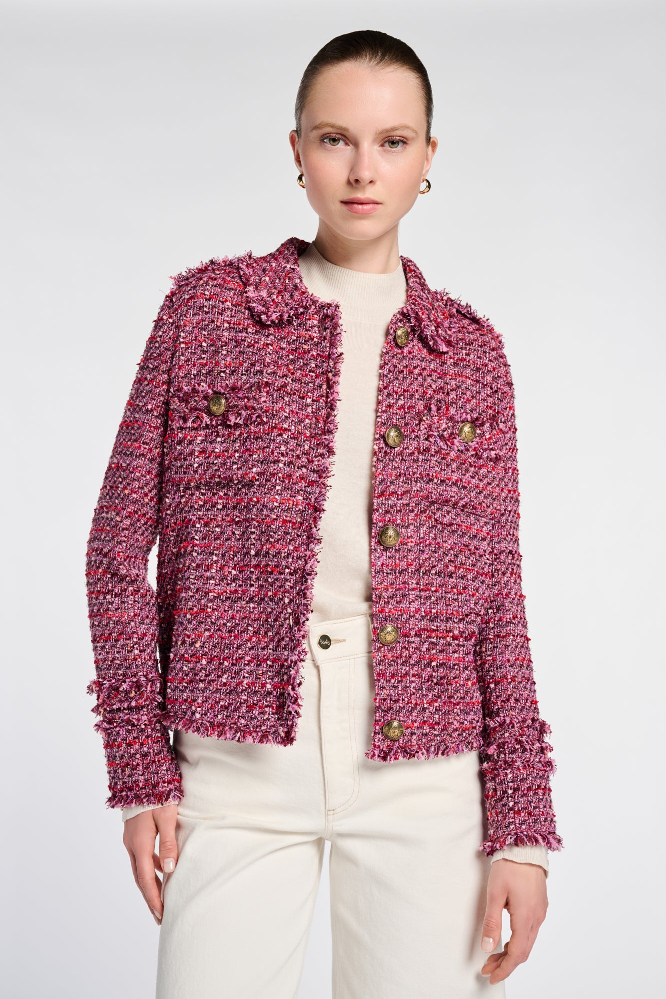 Veste chemise en tweed frangée