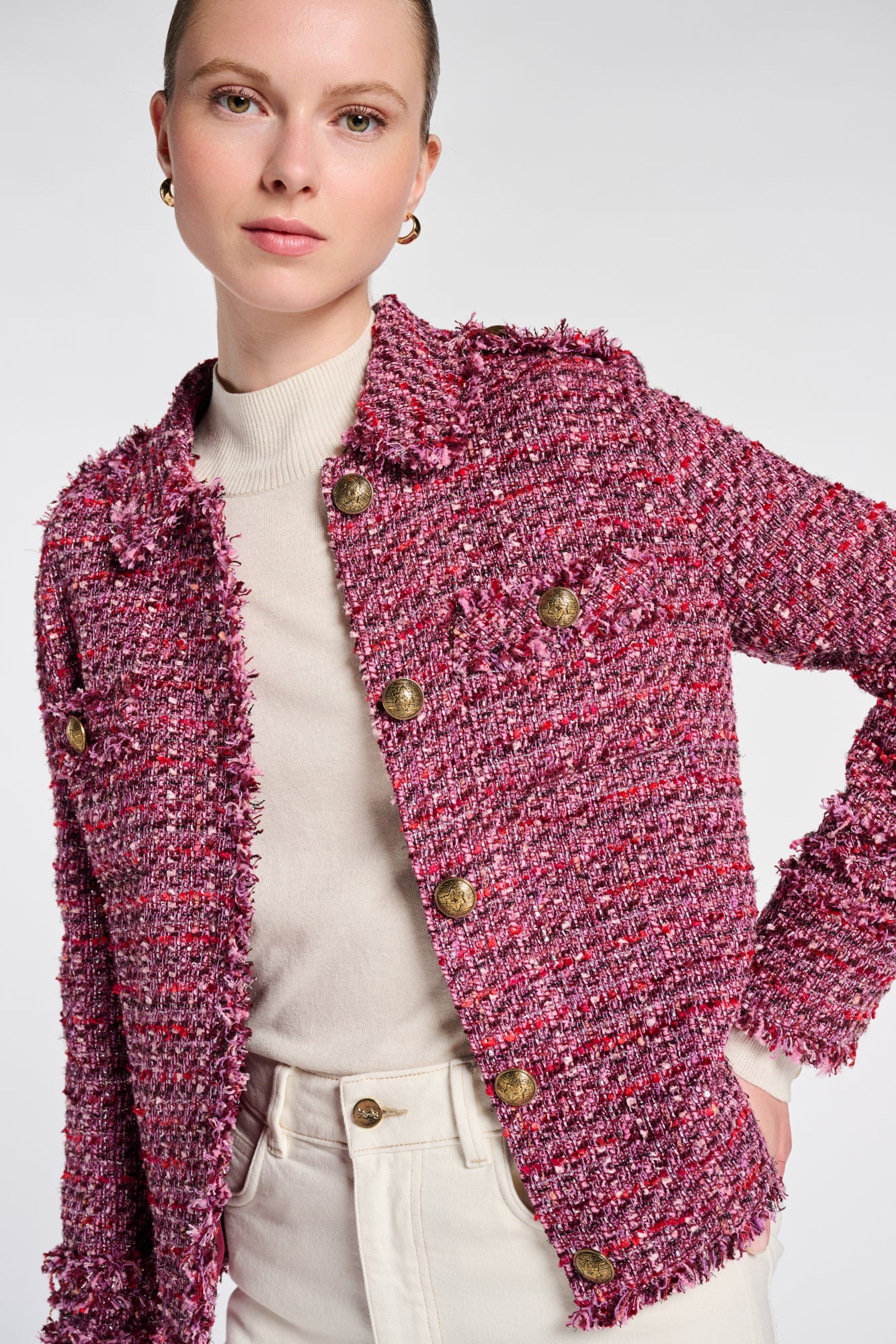 Veste chemise en tweed frangée