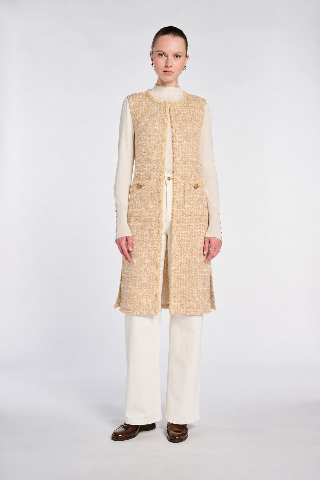 Veste longue sans manche en tweed