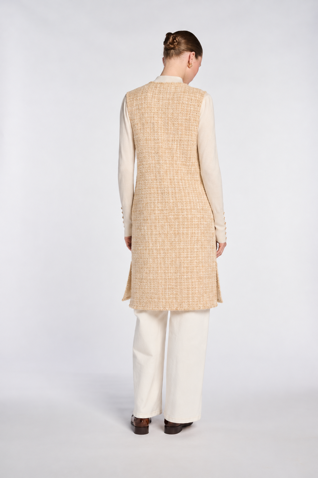 Veste longue sans manche en tweed