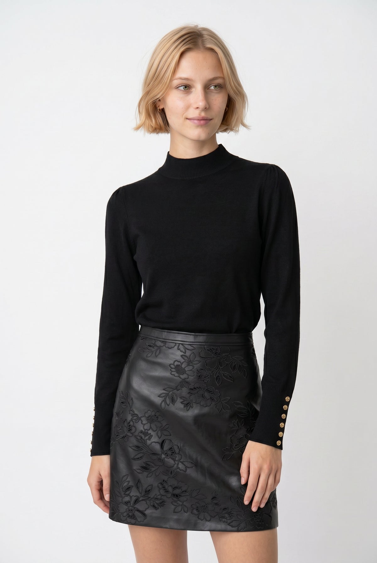 Embroidered faux leather skirt