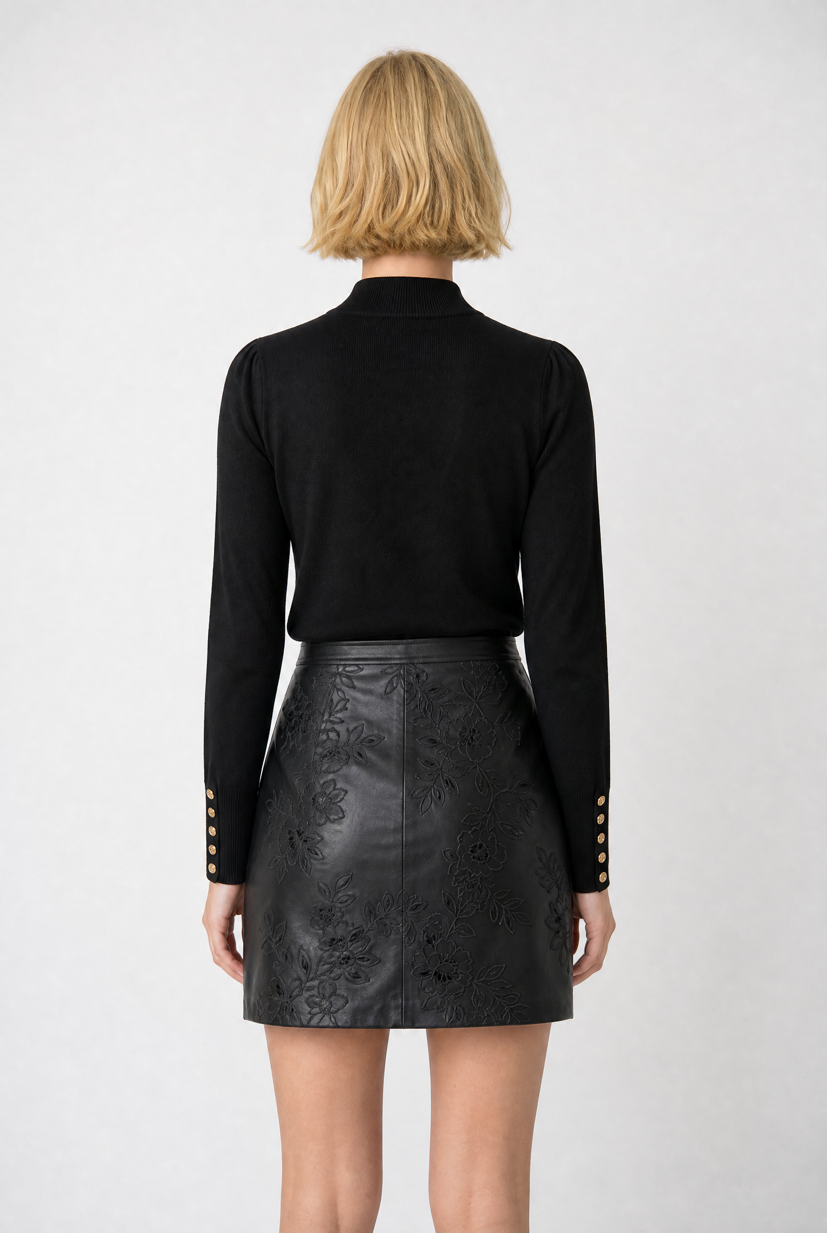 Embroidered faux leather skirt