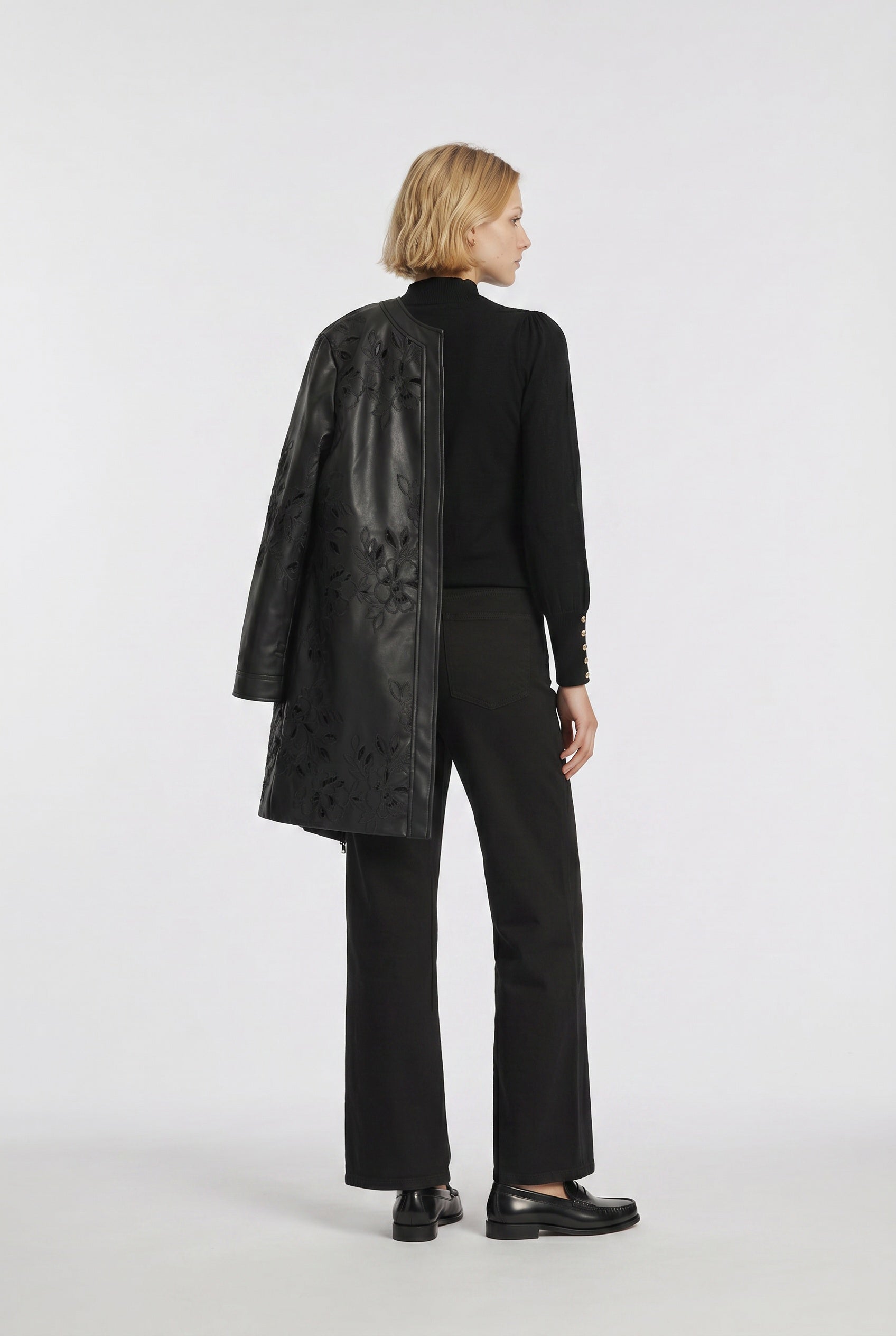 Embroidered faux leather coat