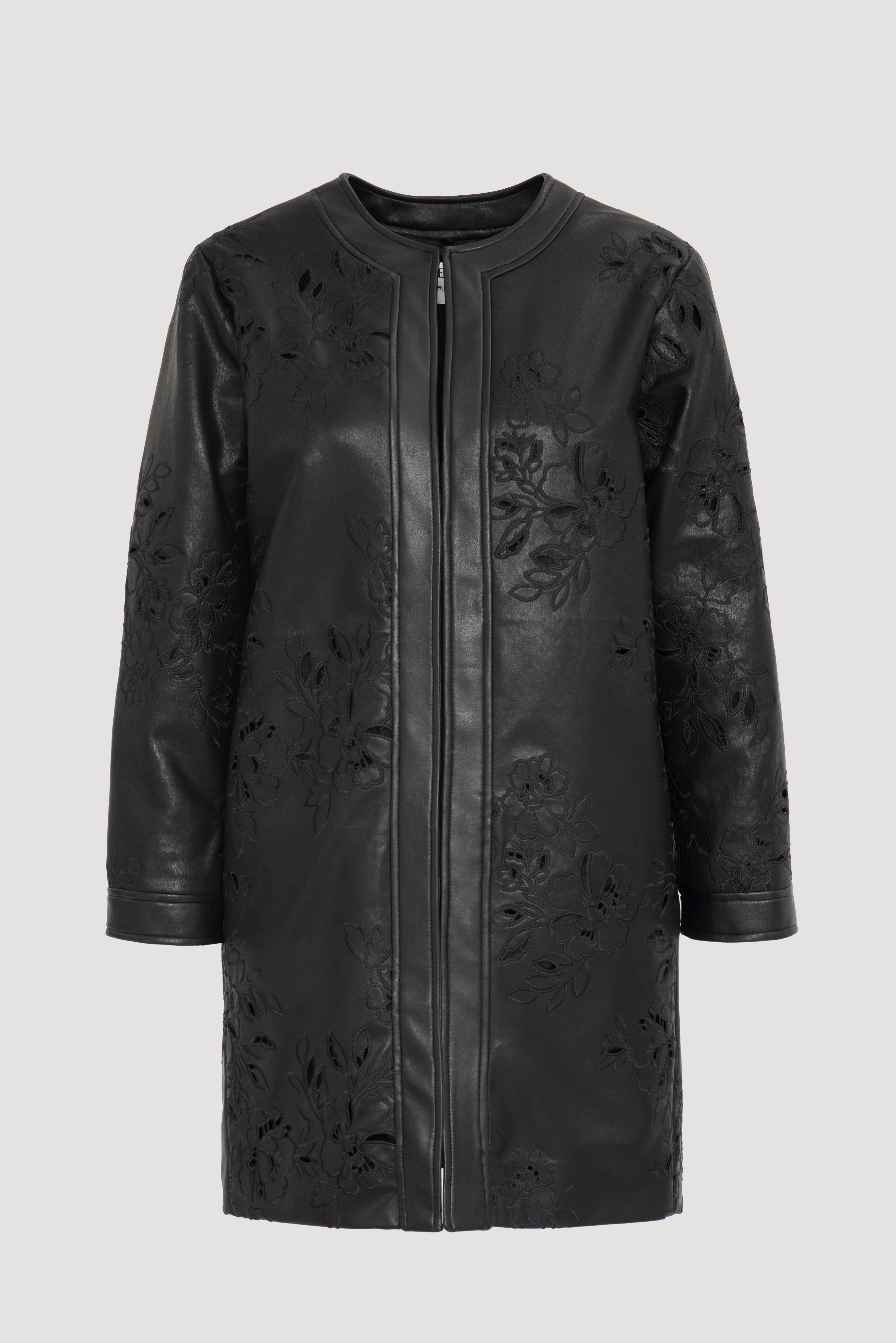Embroidered faux leather coat