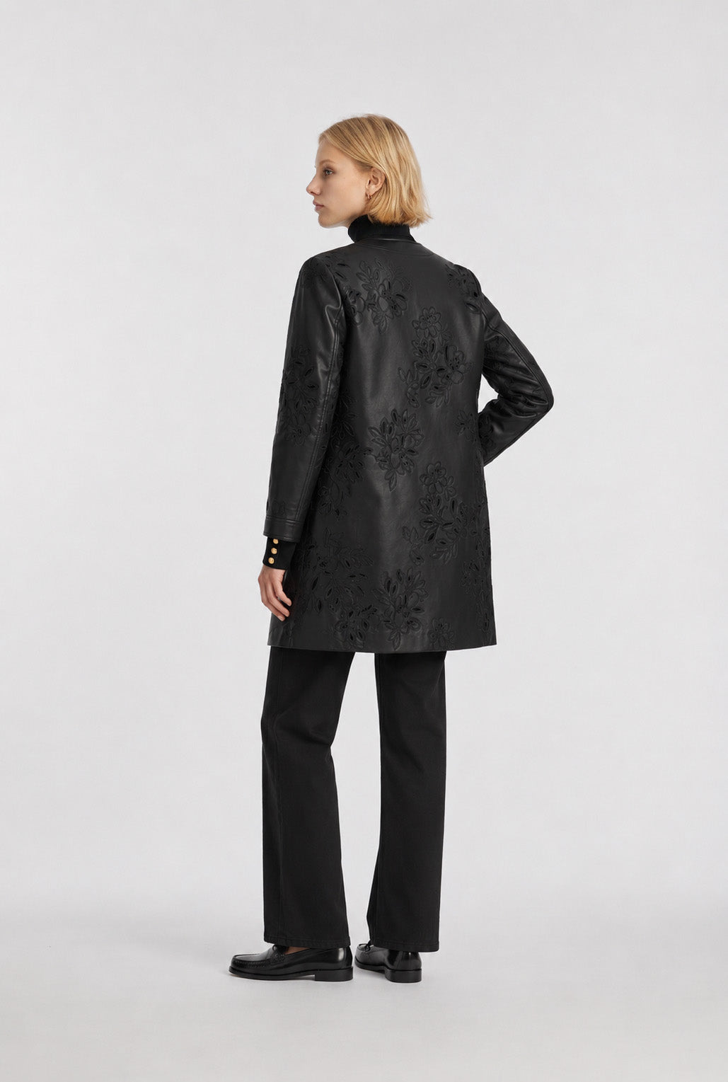 Embroidered faux leather coat