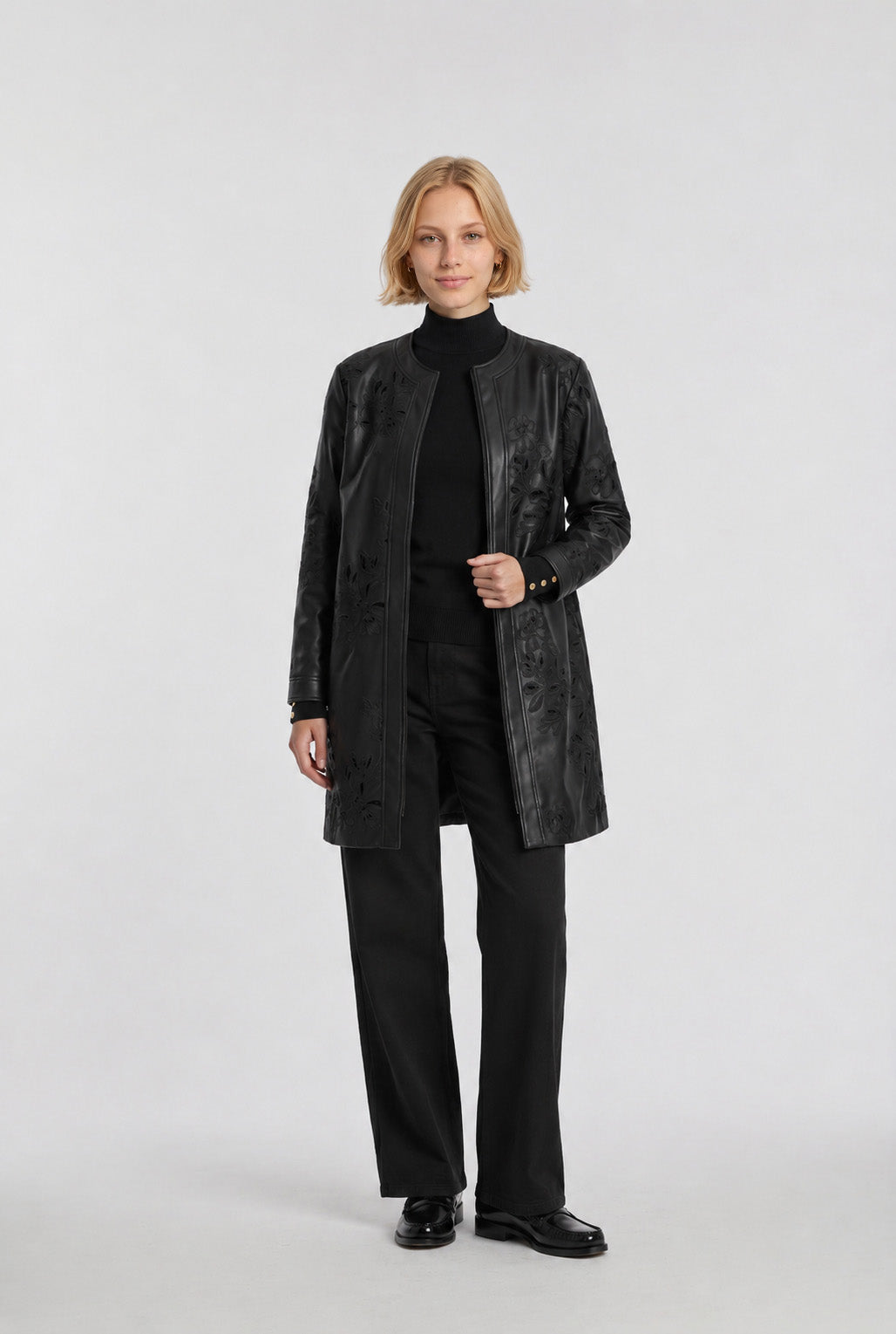 Embroidered faux leather coat