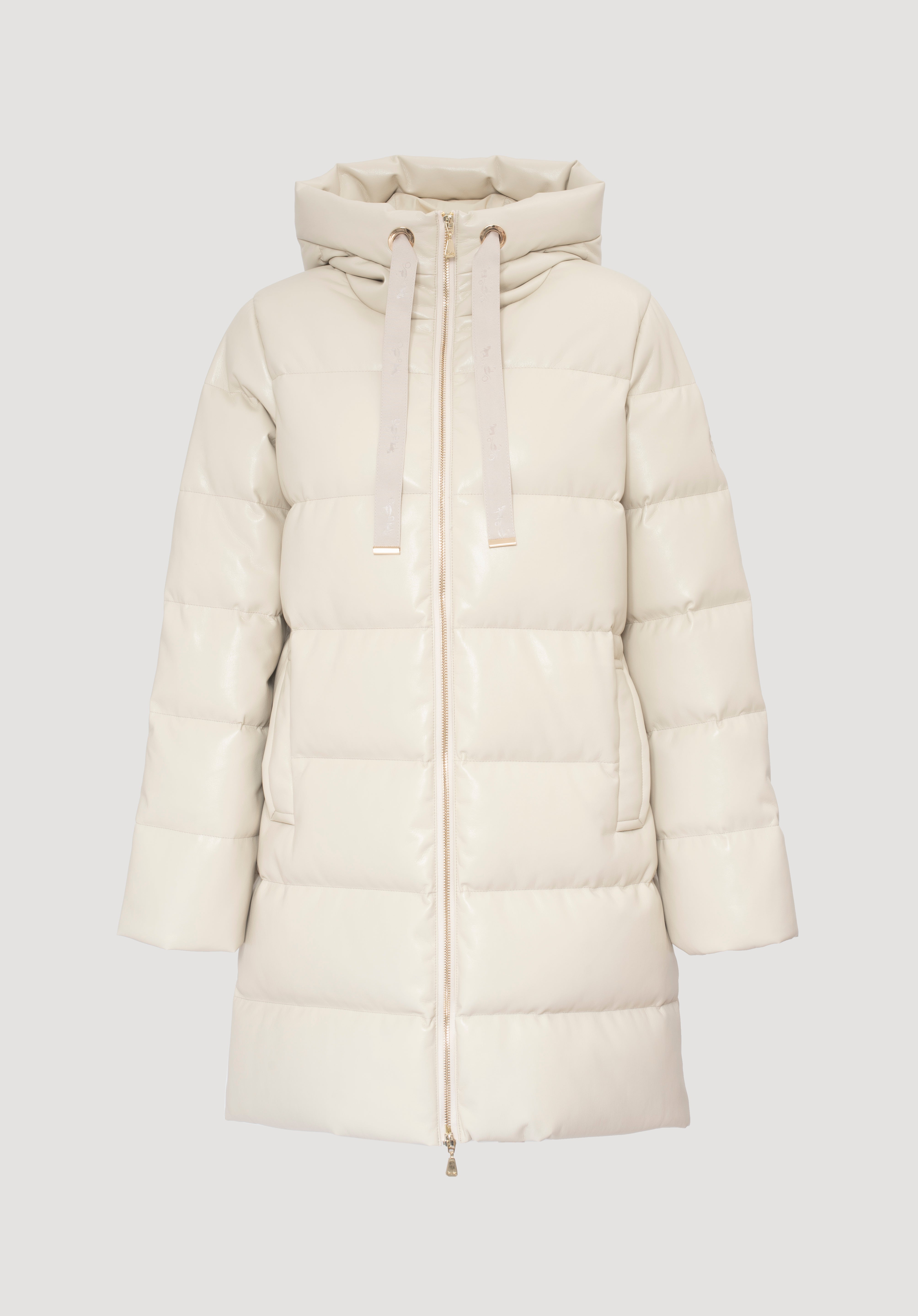 Mid-length hooded eco-leather puffer jacket