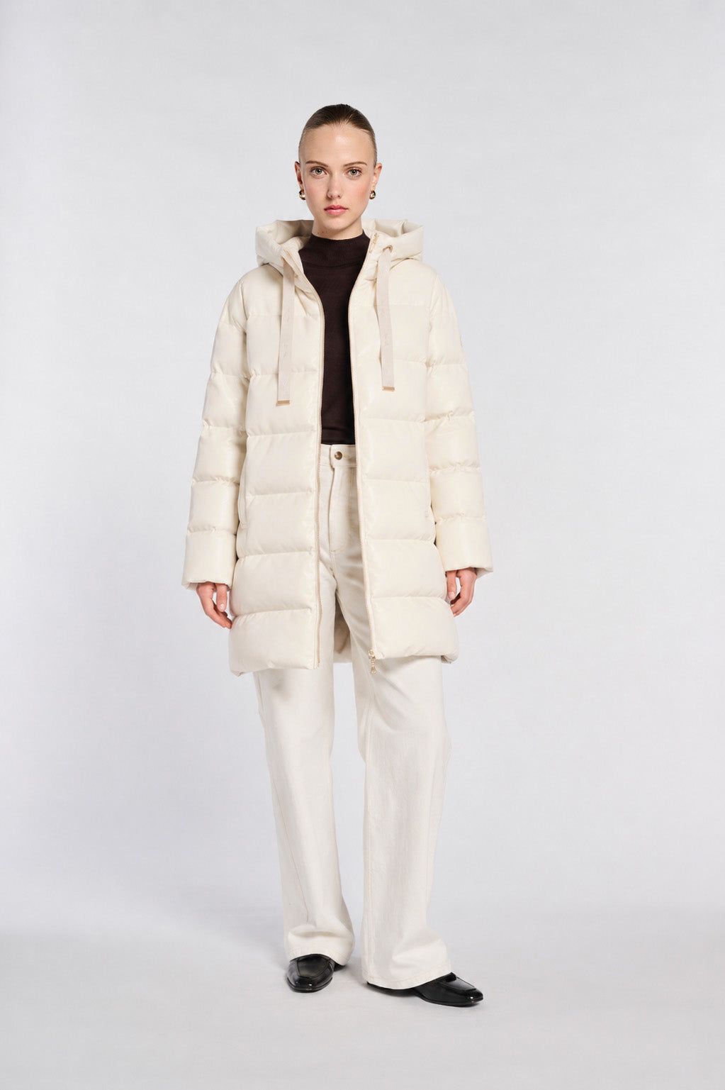 Mid-length hooded eco-leather puffer jacket