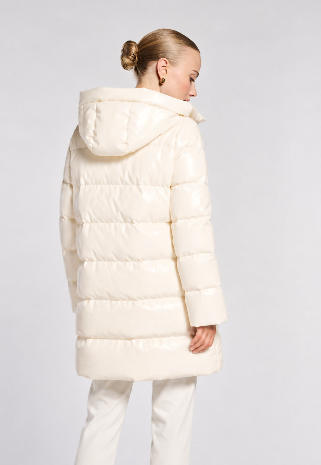 Mid-length hooded eco-leather puffer jacket