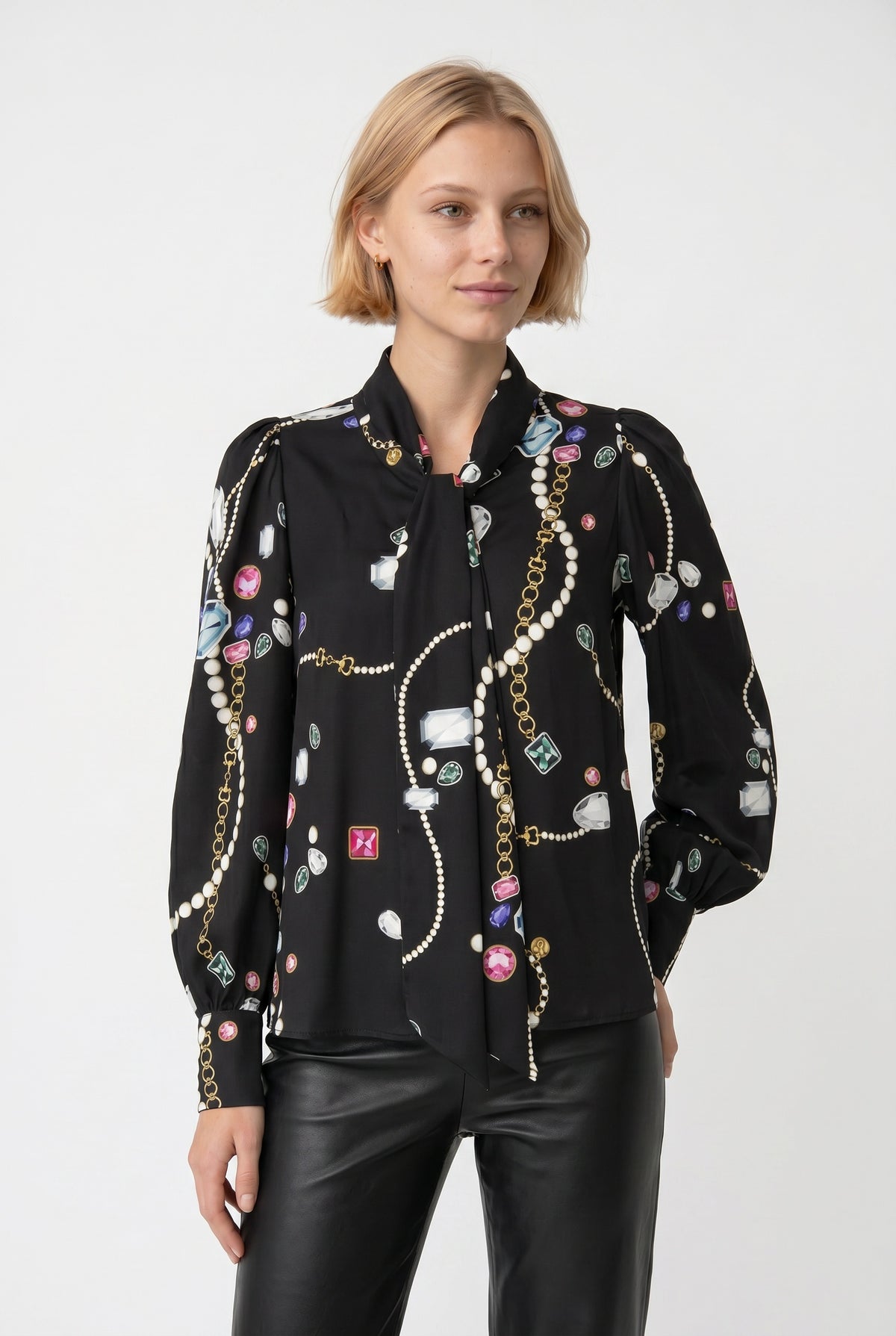Printed pussy-bow blouse