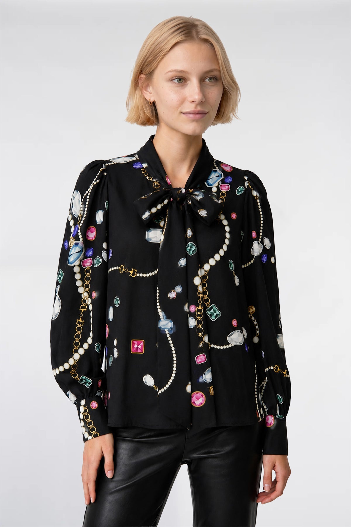 Printed pussy-bow blouse