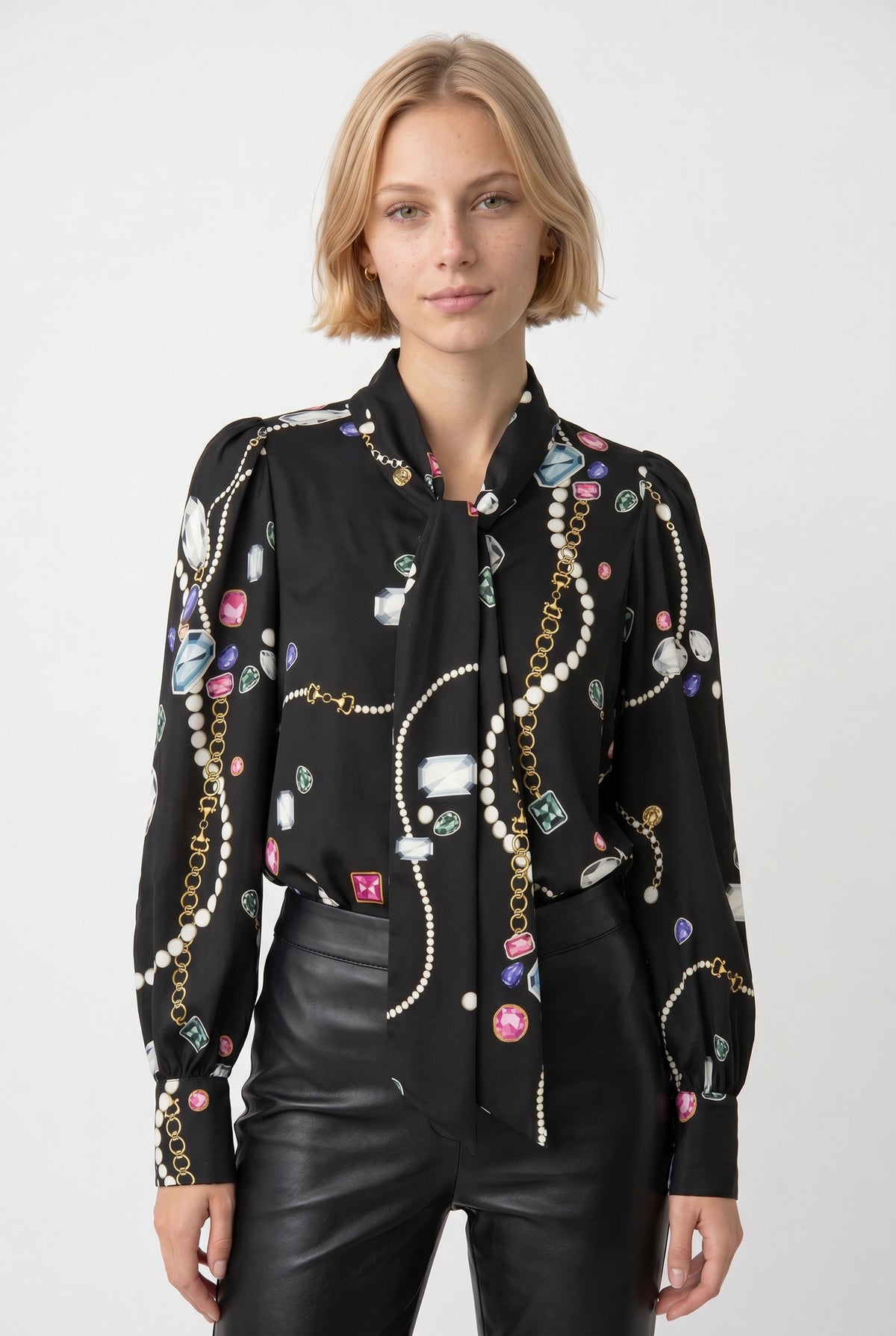 Printed pussy-bow blouse