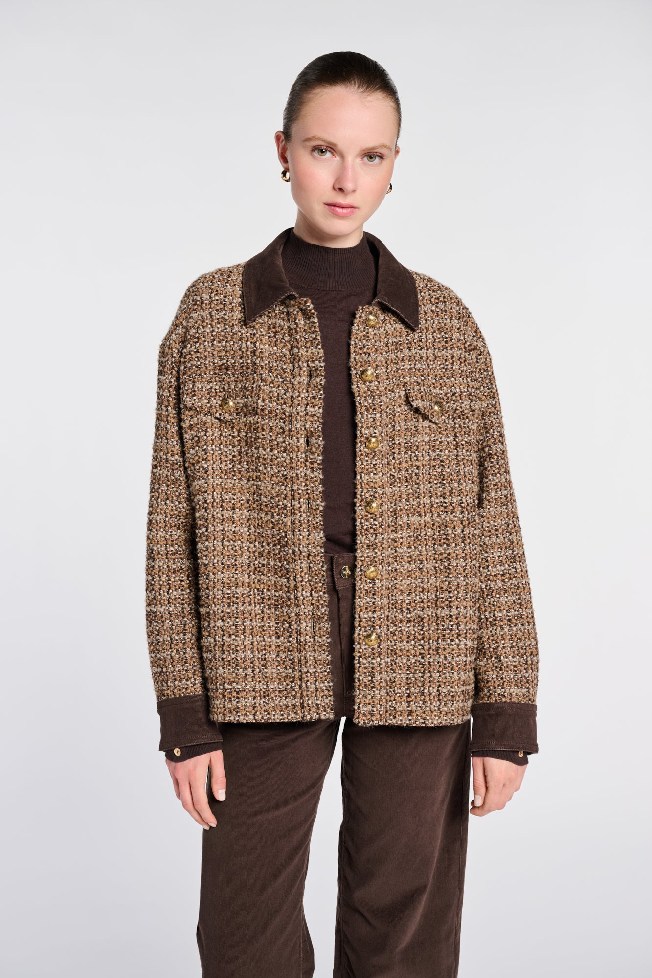 Tweed and velvet overshirt
