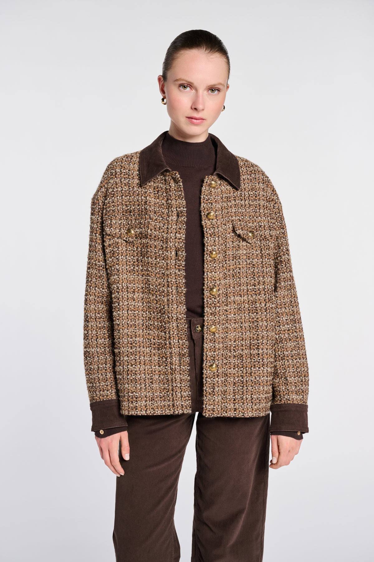 Tweed and velvet overshirt