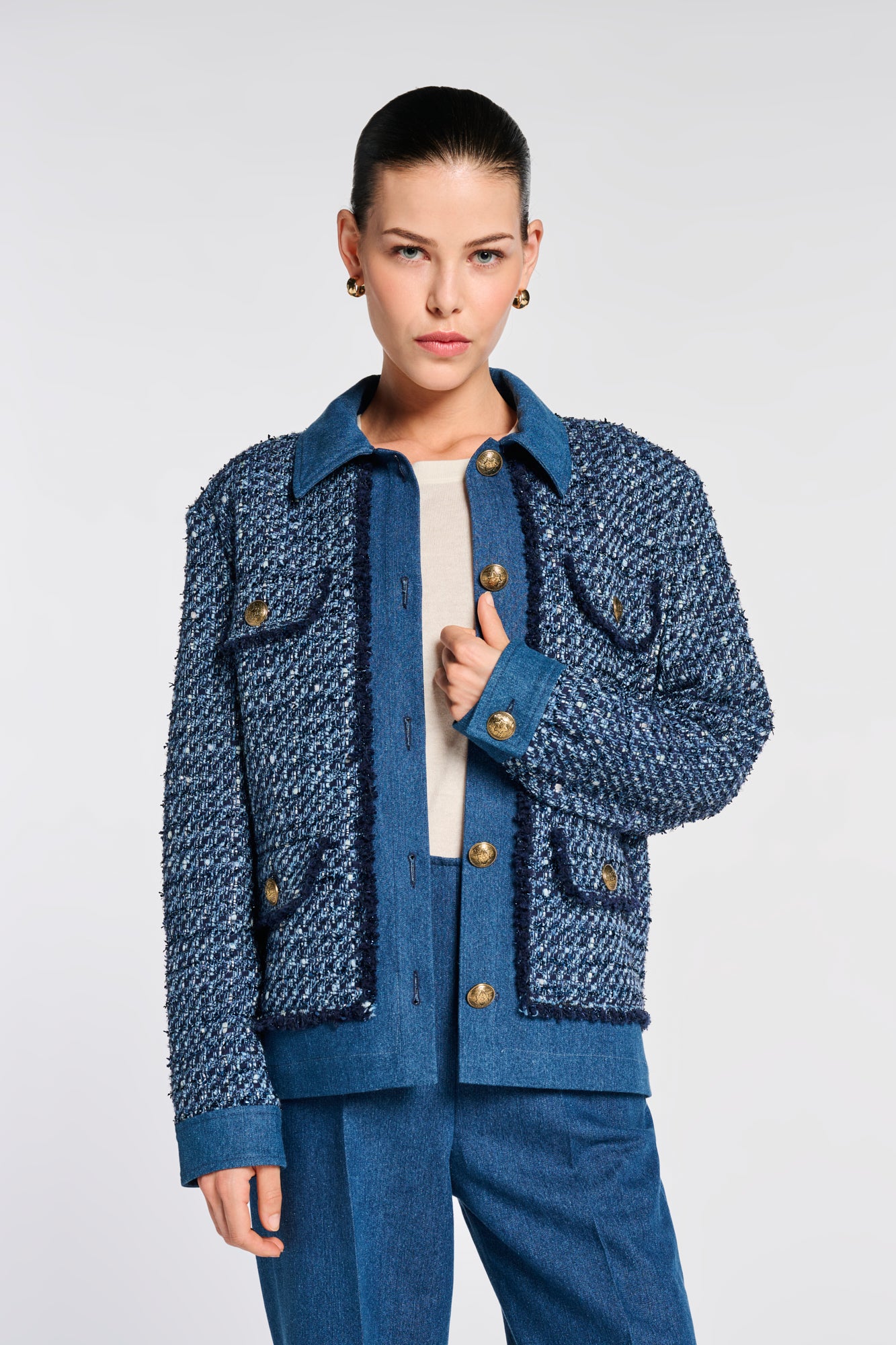 Tweed and denim overshirt
