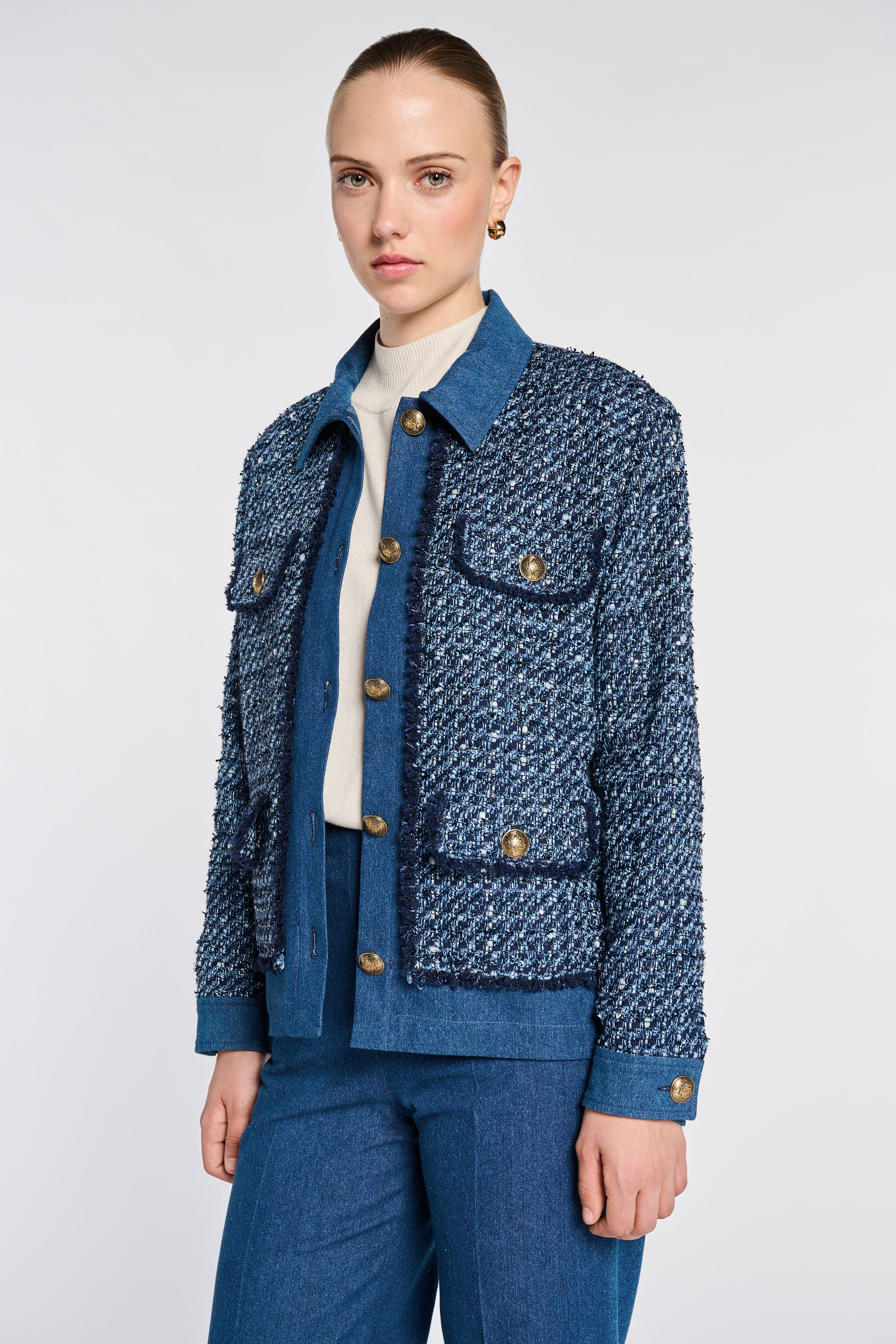 Tweed and denim overshirt