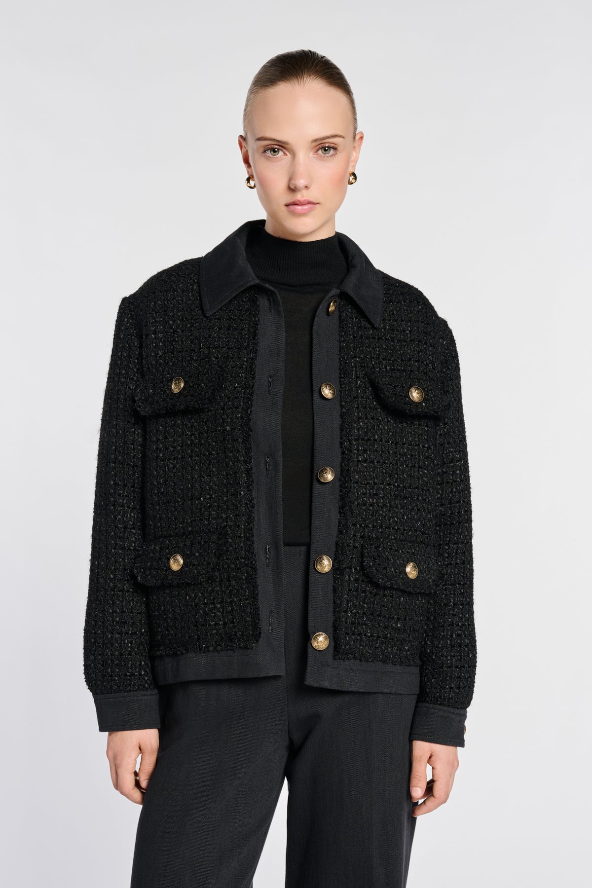 Tweed and denim overshirt