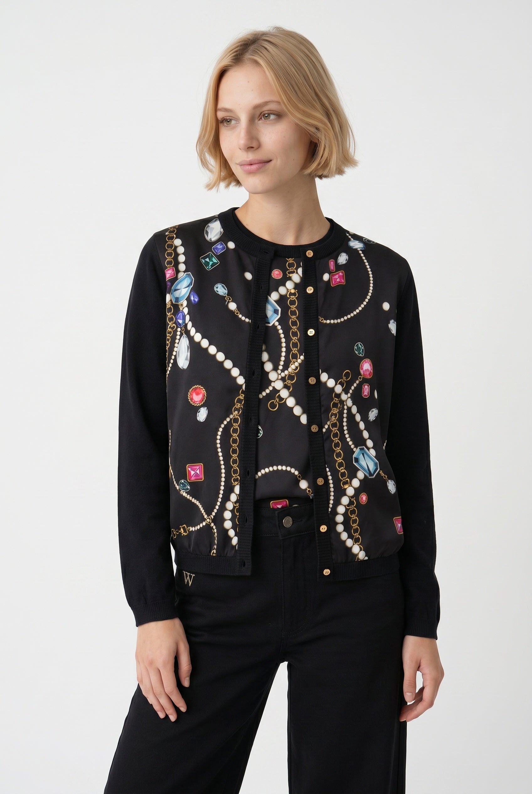 Printed mixed-fabric cardigan