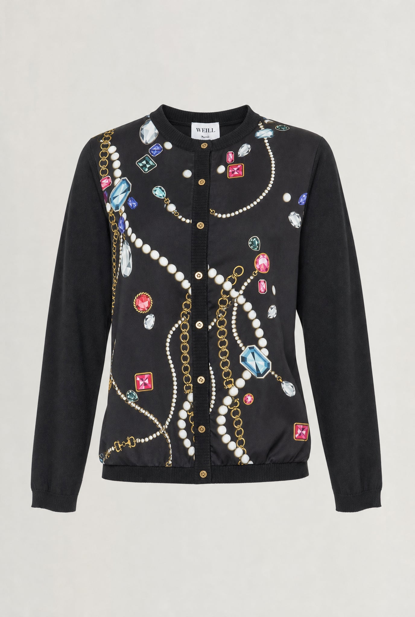 Printed mixed-fabric cardigan