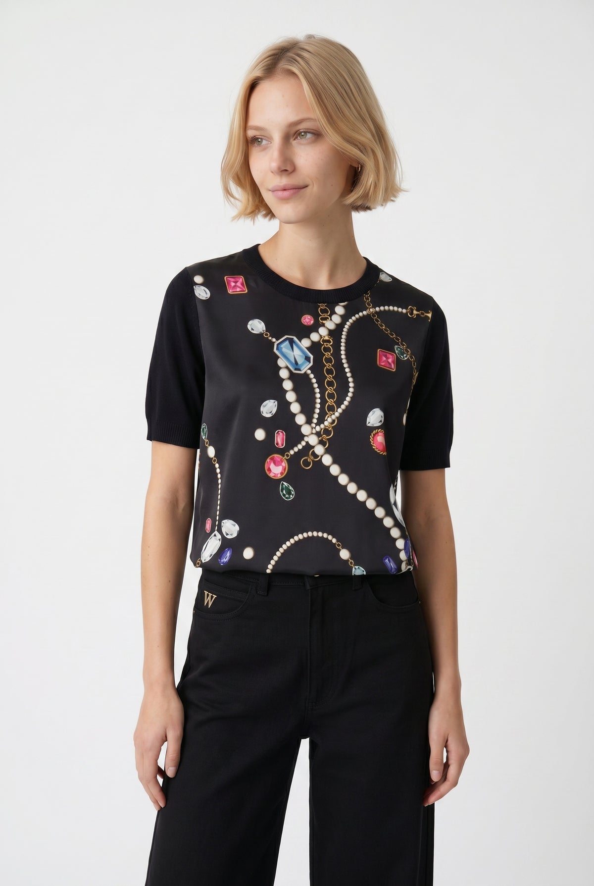 Printed mixed-fabric sweater