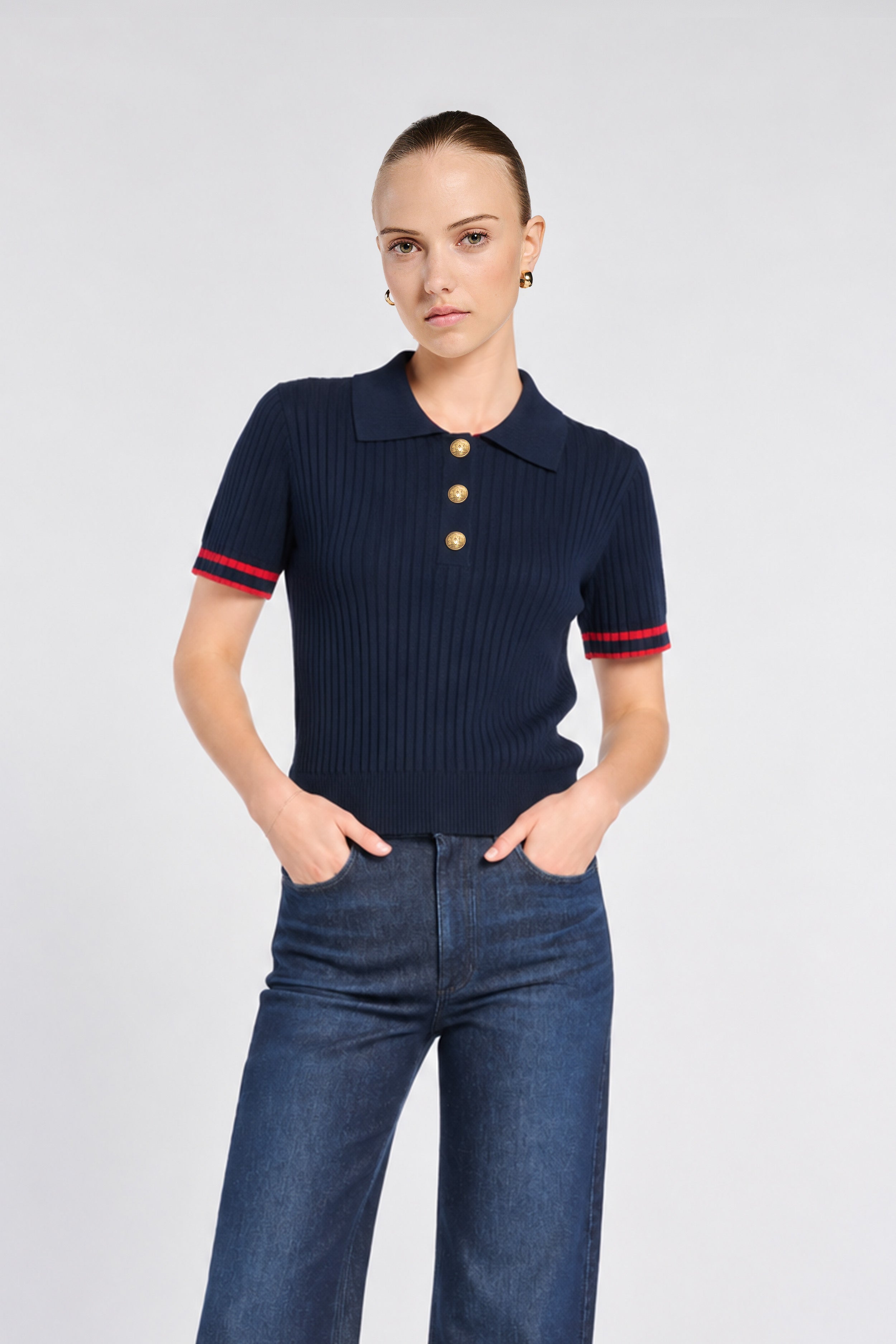 Pull polo en maille côtelée