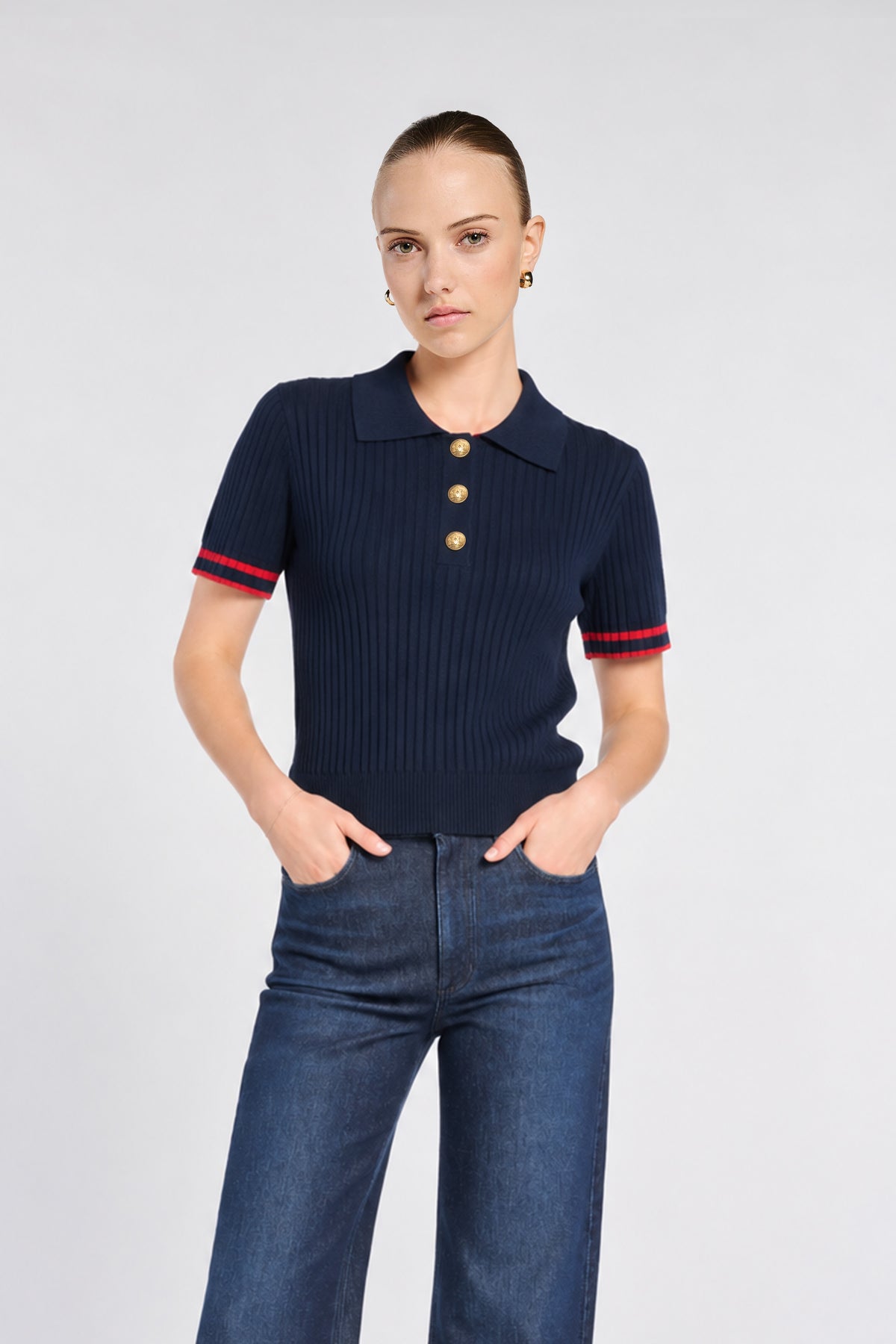 Pull polo en maille côtelée