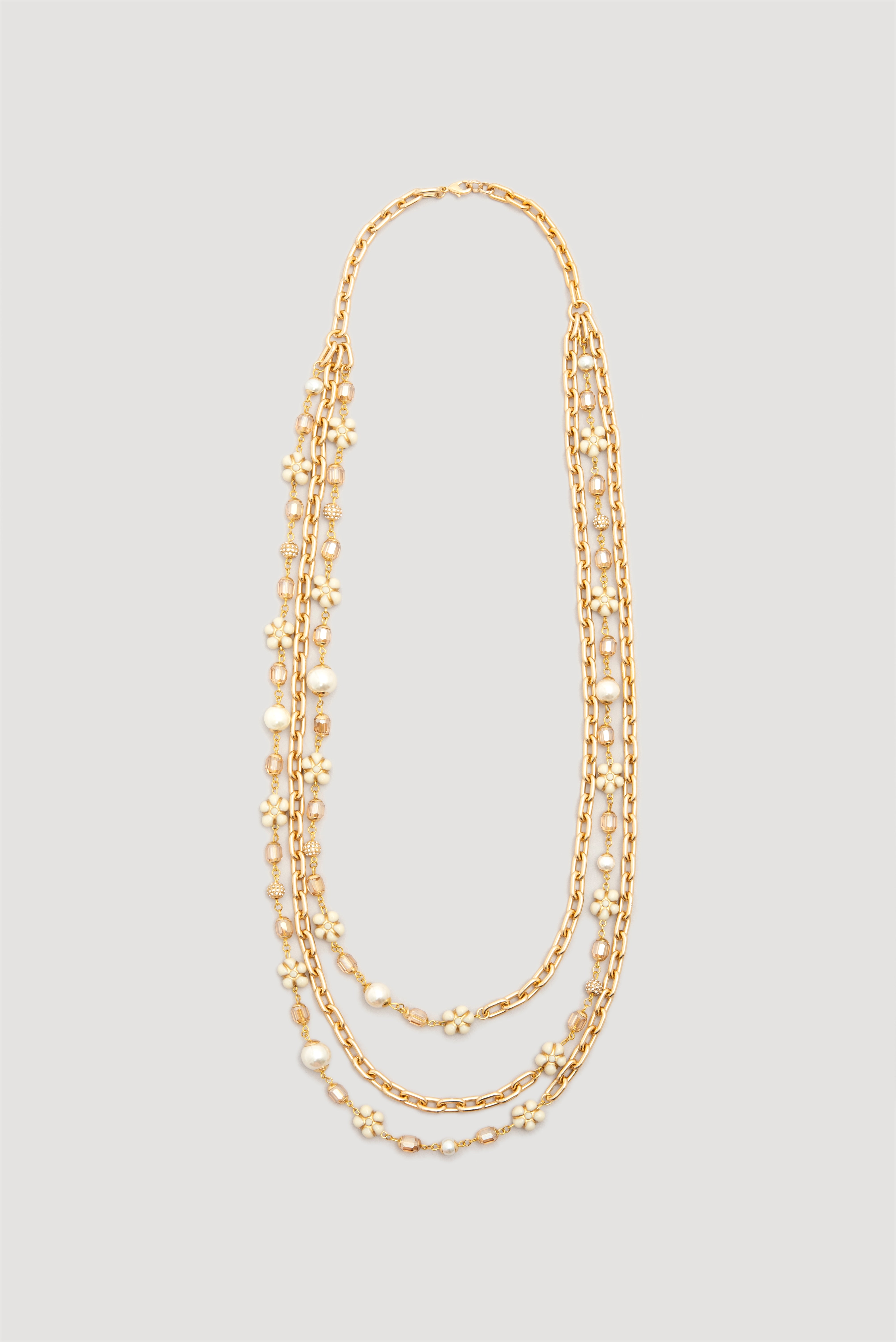 Triple-strand necklace with chain and beads